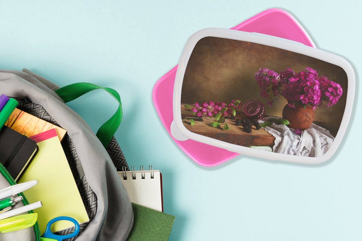- Kinder, Lunchbox - Rustikal Kunststoff MuchoWow (2-tlg), Mädchen, Rosa Brotbox Kunststoff, Vase Blumen Stilleben, Erwachsene, Snackbox, - Brotdose - für
