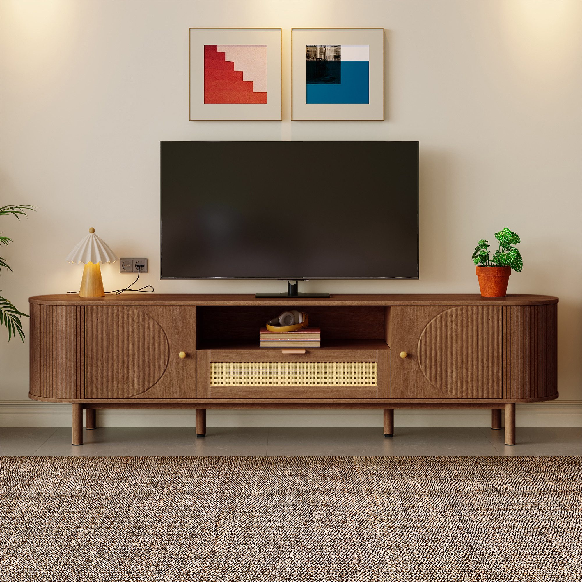 KLAM HOME TV-Schrank Moderner TV-Schrank Mit Geschwungenem Design Rattan (TV Lowboard Mit Offenen Fächern Und 2 Schubladen Stauraum) Multifunktionaler TV Unterschrank Für Wohnzimmer