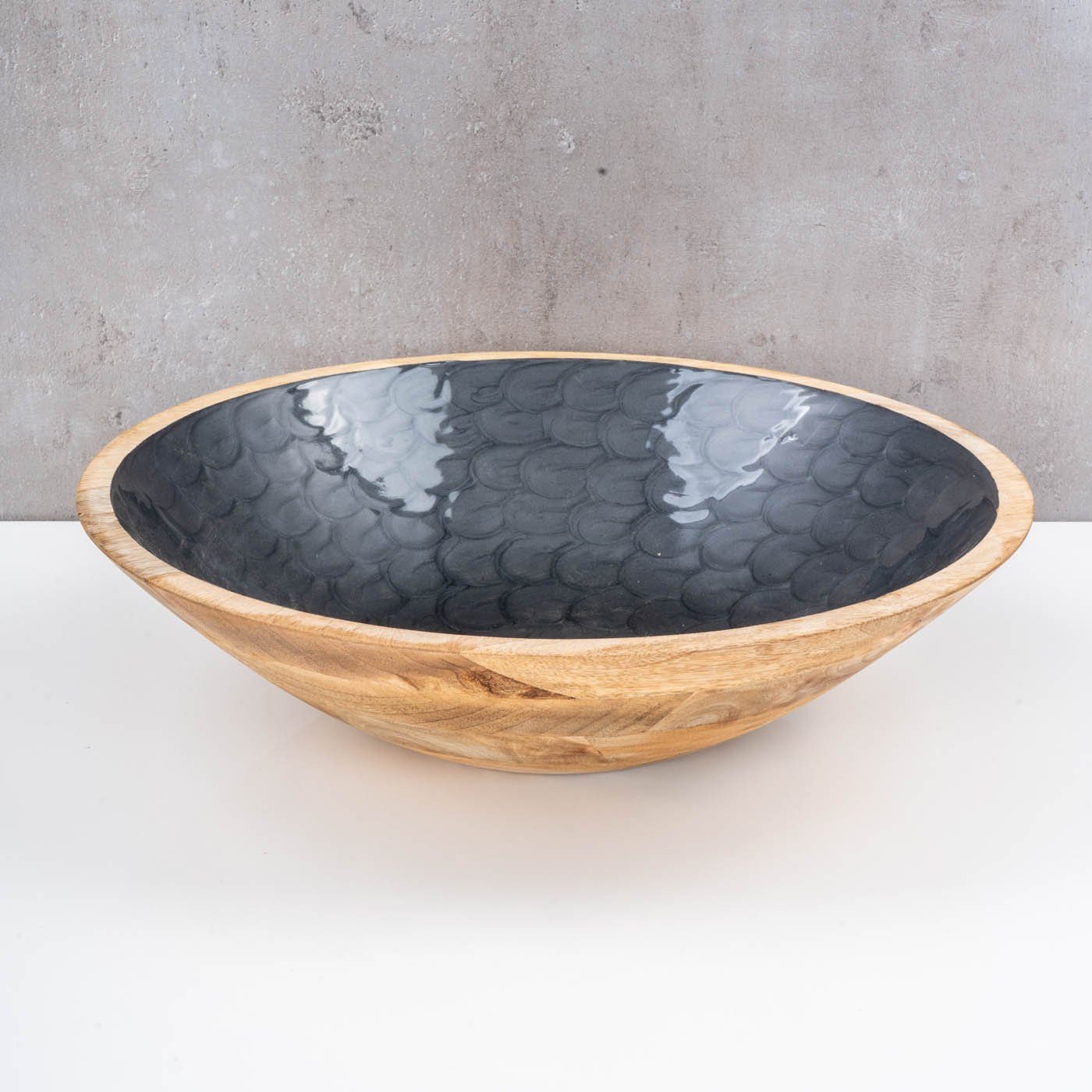 Levandeo® Dekoschale, Schüssel 35cm Mango Holz Grau Perlmutt Emaille Schale Bowl