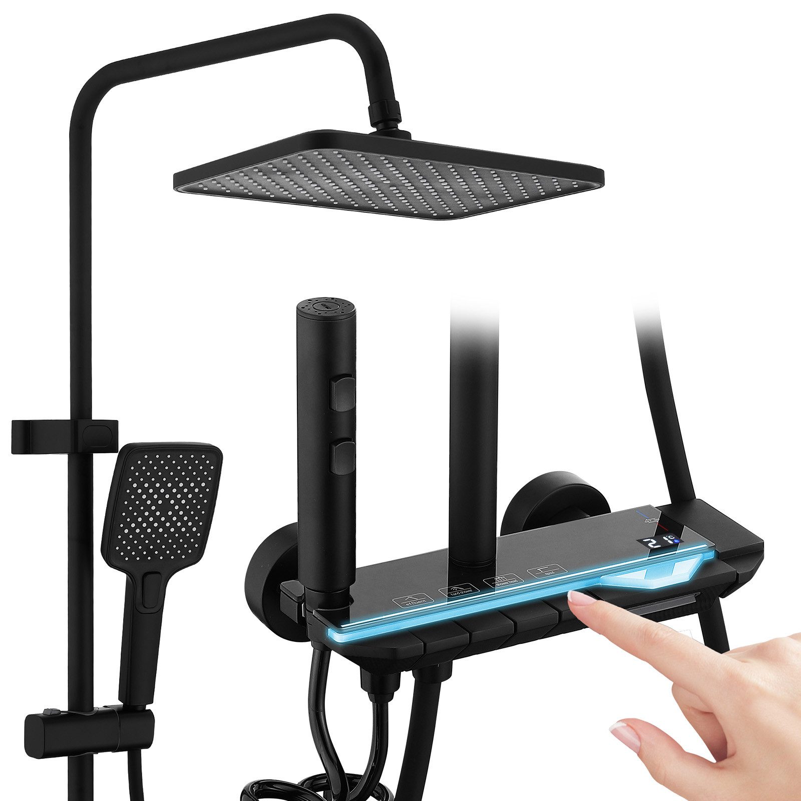 HOMELIVE Brausegarnitur Duschsystem Warm/Kalt mit Klaviertasten & Digitaler Temperaturanzeige, 3 Strahlart(en), mit Handbrause, Wasserfallauslauf, höhenverstellbar, Schwarz
