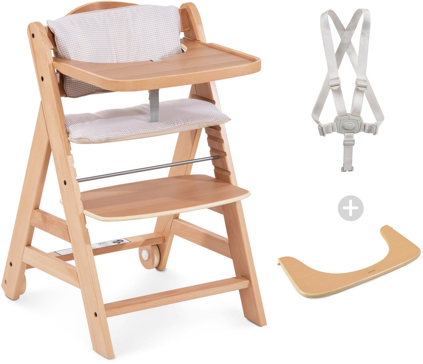 Hauck Hochstuhl »Beta Plus - Natur Check« (3 St), Mitwachsender Holz  Treppenhochstuhl mit Essbrett, Schutzbügel, Sitzauflage, Gurt und Rollen