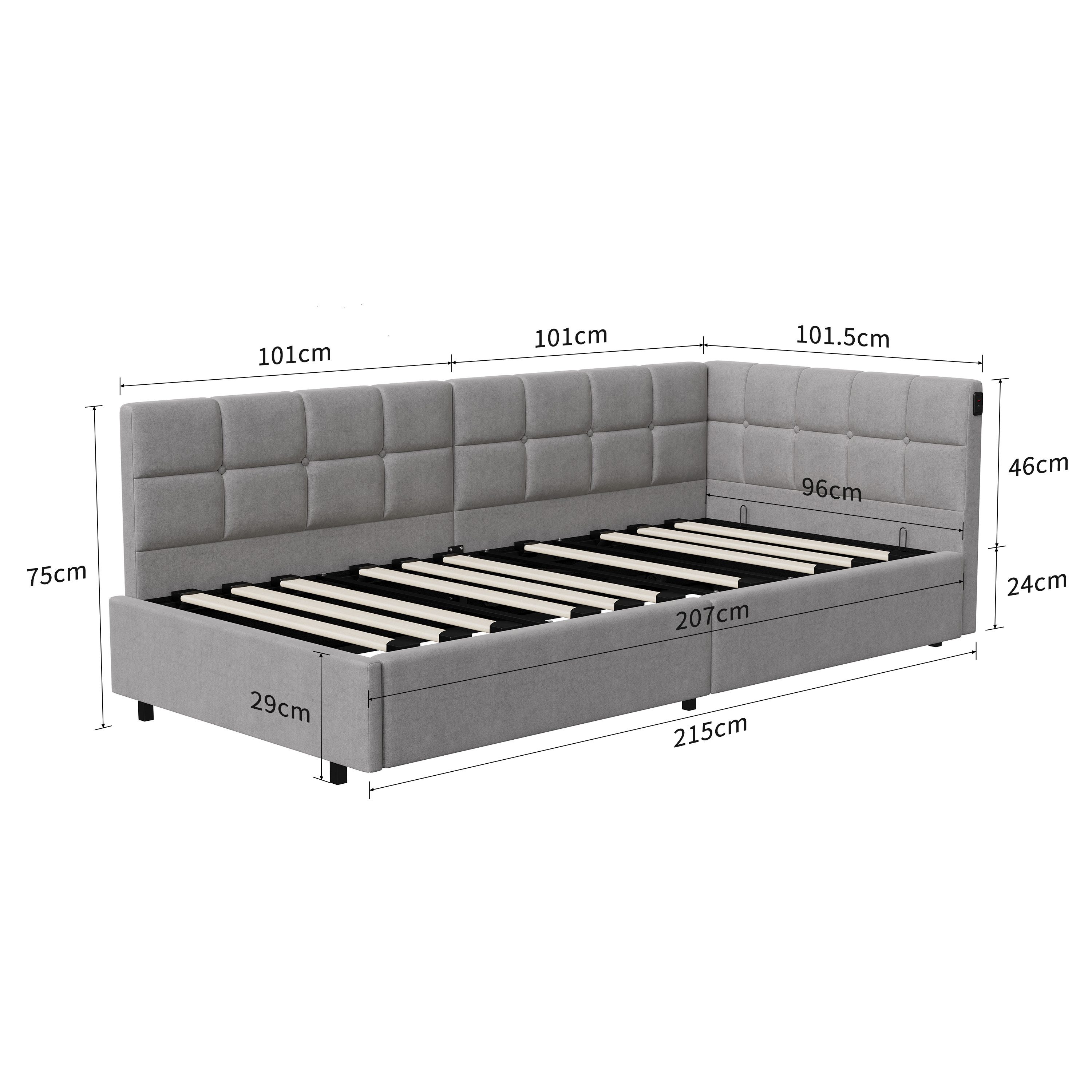 Furnishings Home Polsterbett Daybett Jugendbett Einzelbett (Hydraulisch hebbarer Stauraum, Geeignet für Jungen und Mädchen), Mit LED-Beleuchtung, Ladefunktion, Samt, 90x200 cm