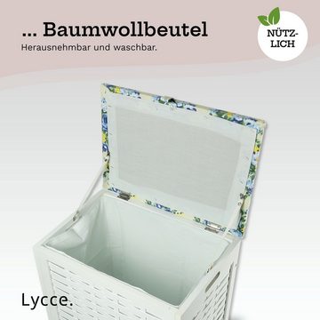 Lycce Wäschetruhe Wäschekorb mit Deckel Wäschetruhe Sitzhocker Holz weiß blau geblümt, 70 l (46 cm x 32 cm x 48 cm)