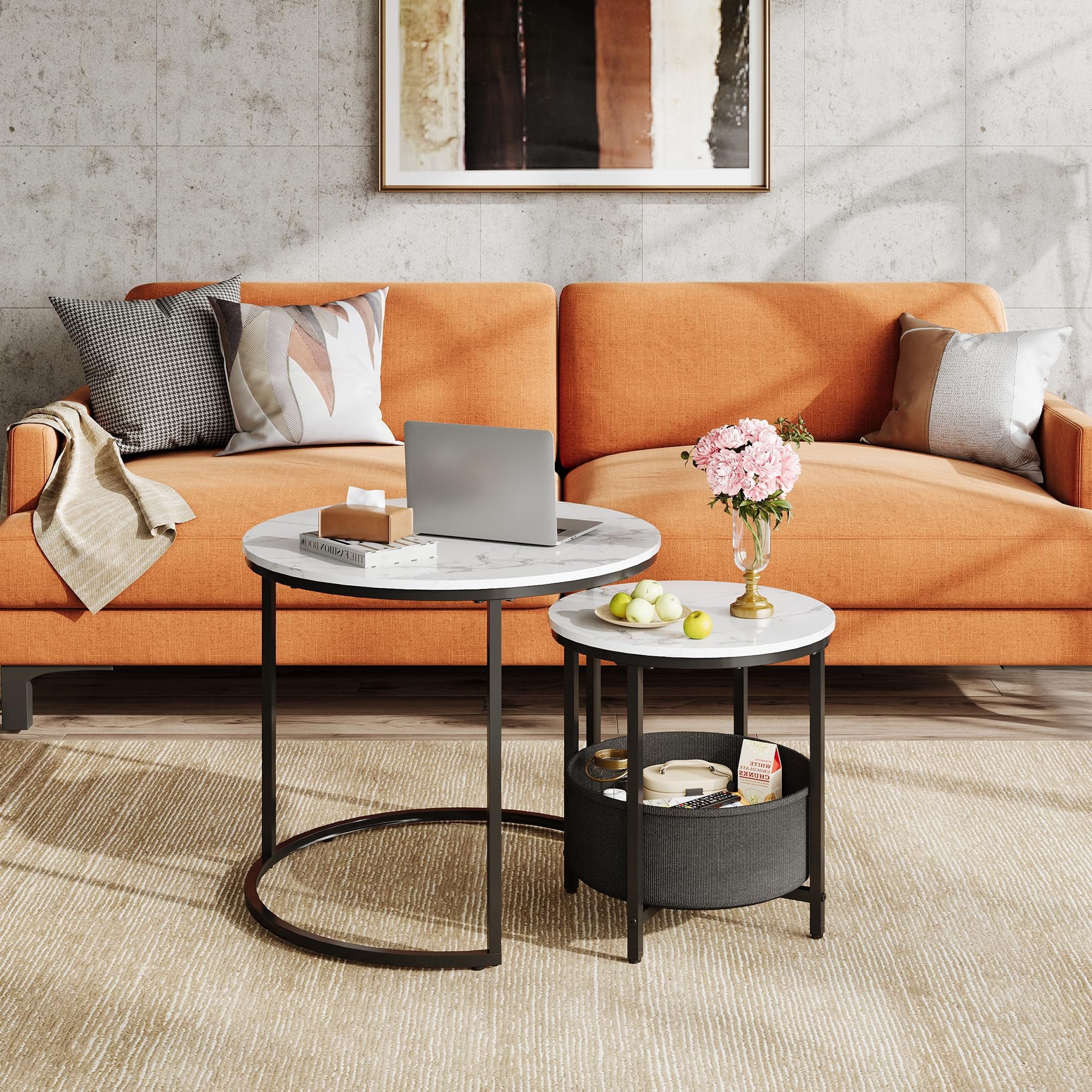 WLIVE Couchtisch Couchtisch 2er‑Satztisch rund mit Stauraum, (Beistelltisch mit Stoffkorb & Metallgestell, Holzoptik, 2er Set), 2 in 1 Verschachtelung