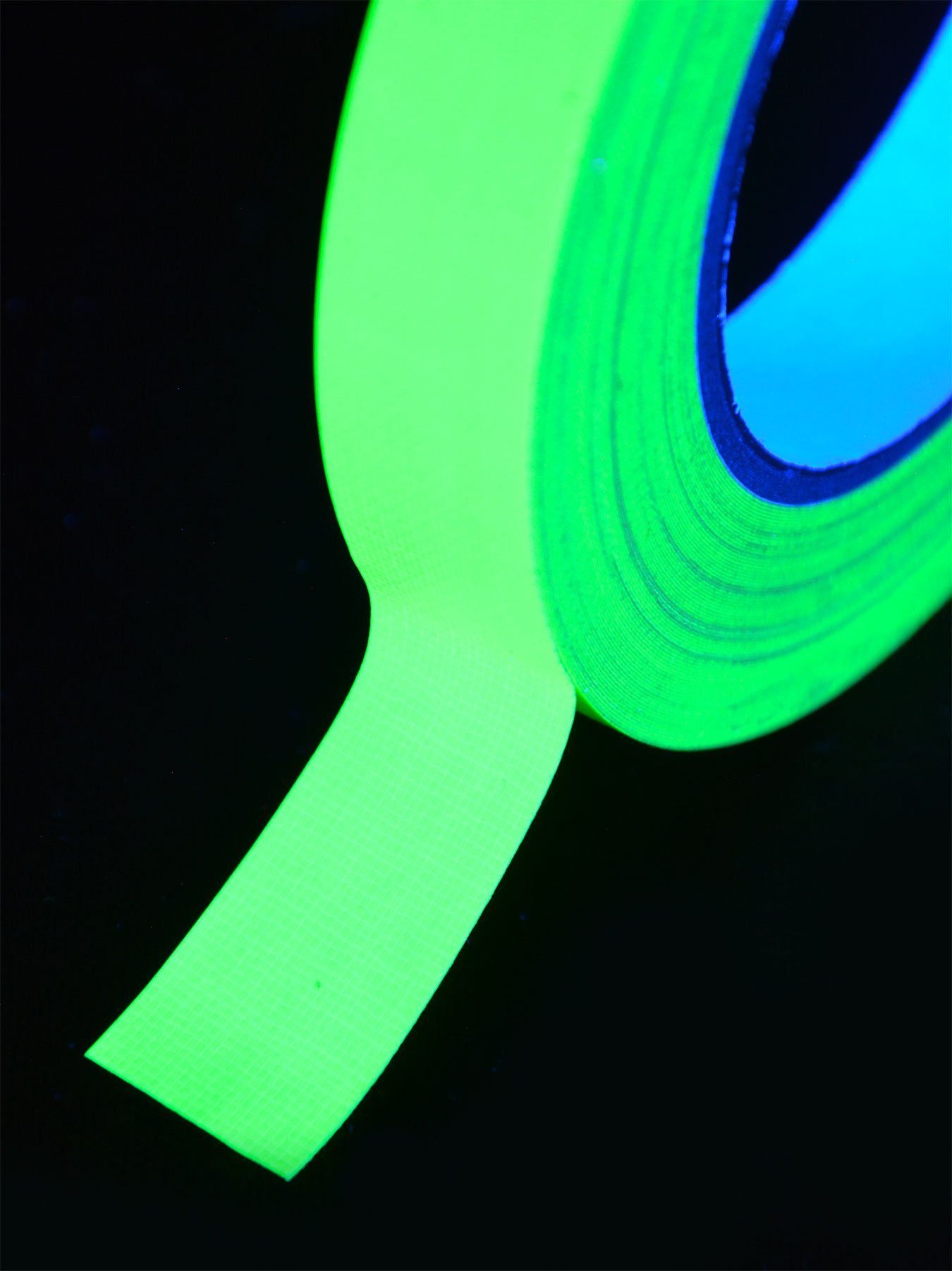 PSYWORK Klebeband 4er-Pack 25m-Rolle Neon, Tape UV-aktiv, Gewebeklebeband Schwarzlicht 19mm Rolle leuchtet unter Schwarzlicht