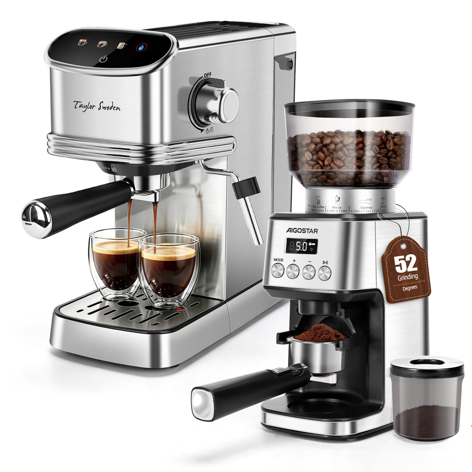 Aigostar Kaffeemühle Professionelle Coffee Grinder mit 52 Mahleinstellungen, Kegelmahlwerk, 180,00 W, Kegelmahlwerk, 320,00 g Bohnenbehälter, Geeignet für Espresso, mit Präzisem Digital Display, Edelstahl