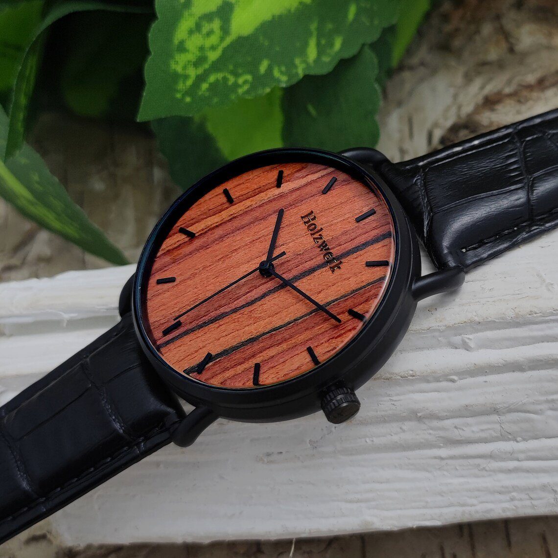 Holzwerk Quarzuhr GEHRDEN Damen und Herren Leder & Edelstahl Holz Uhr in schwarz, braun