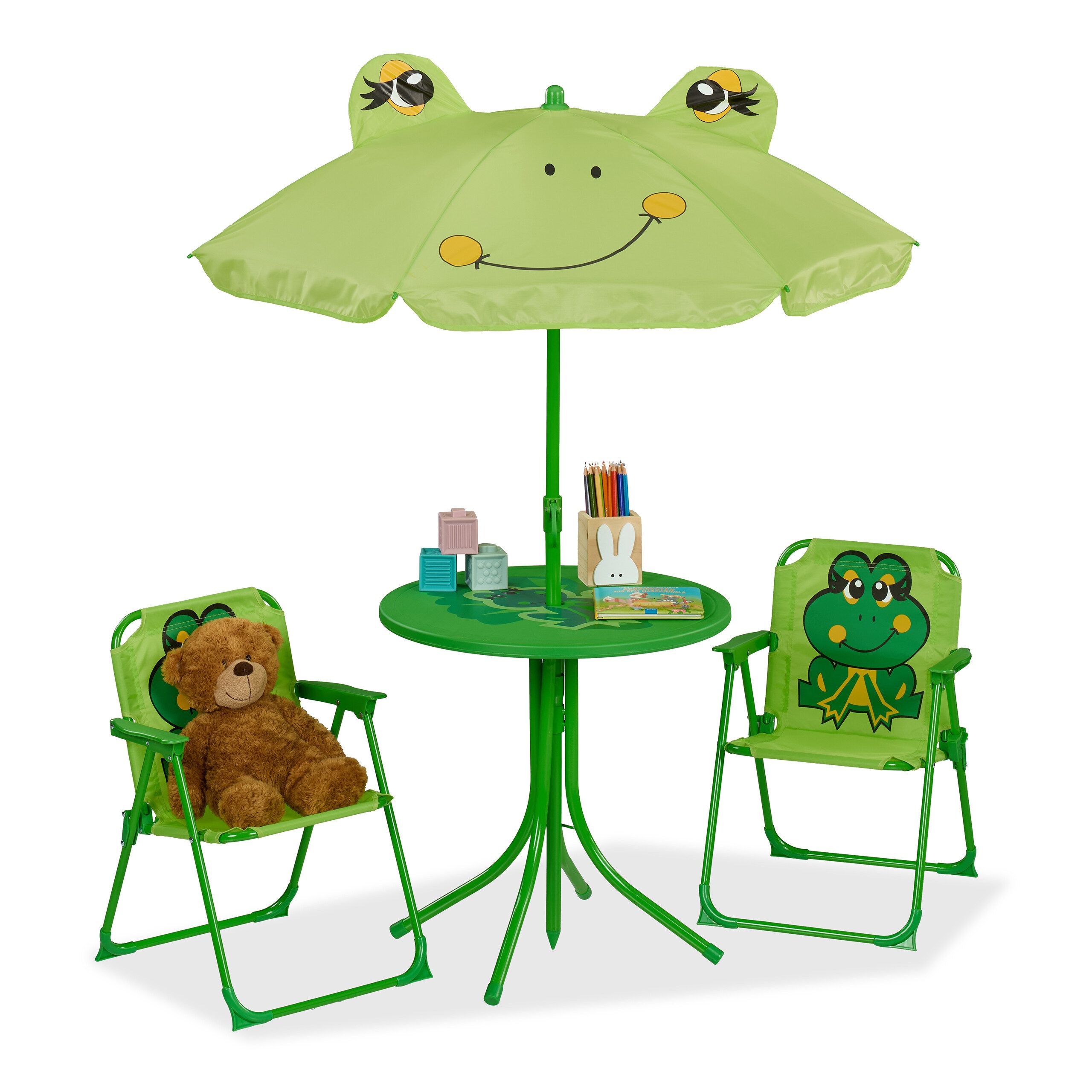 relaxdays Garten-Kindersitzgruppe Camping Kindersitzgruppe mit Schirm, (4-tlg), Frosch