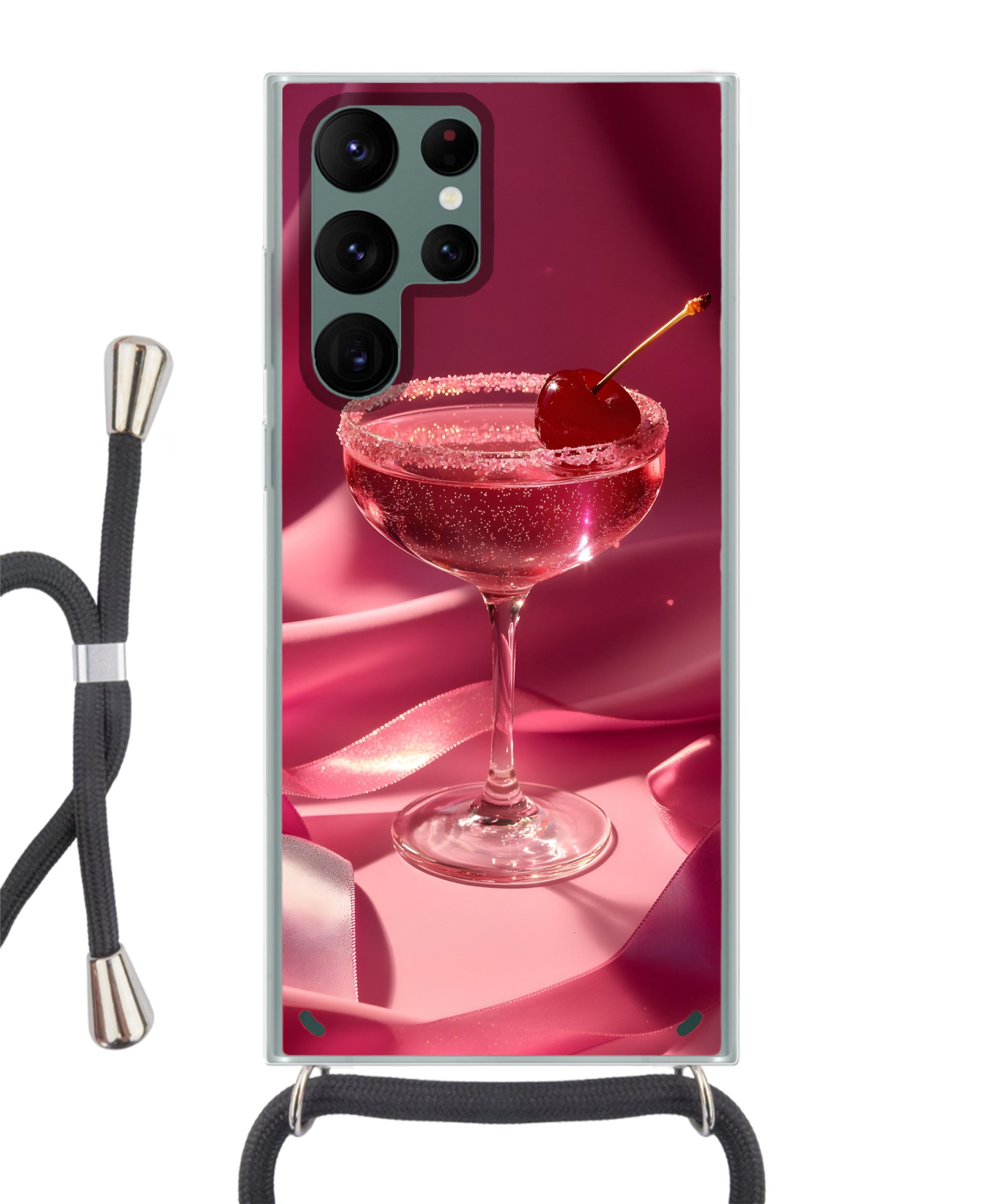 MuchoWow Handyhülle für Samsung Galaxy S22 Ultra Cocktail - Rosa - Luxe, Tragbare Handyhüllen mit Kette zum umhängen, Handykette Handyband