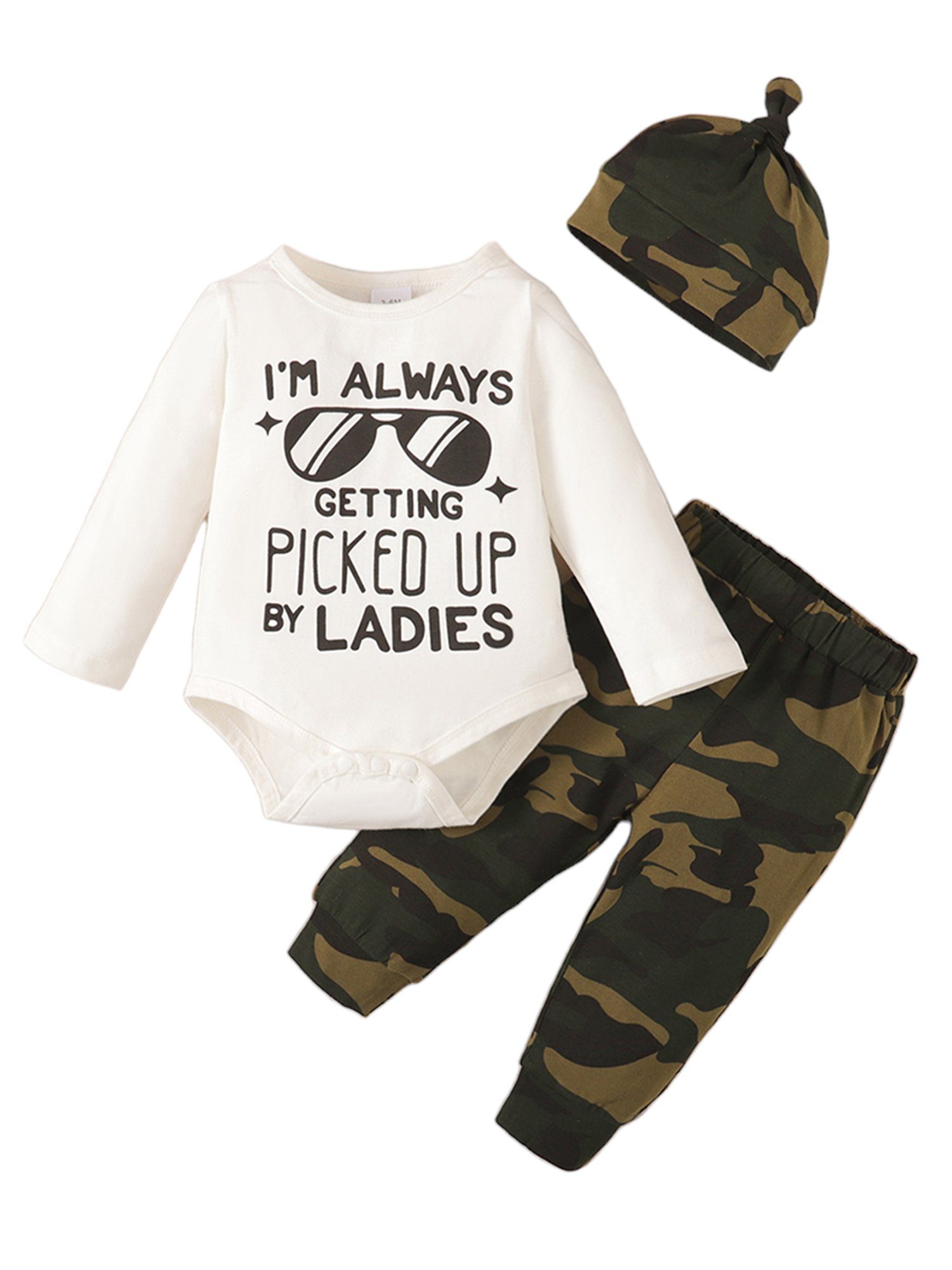 Lapastyle Body & Hose Langarm Camouflage Dreierset für Neugeborene Jungen mit Briefdruck (Set, 3-tlg) | Baby-Sets