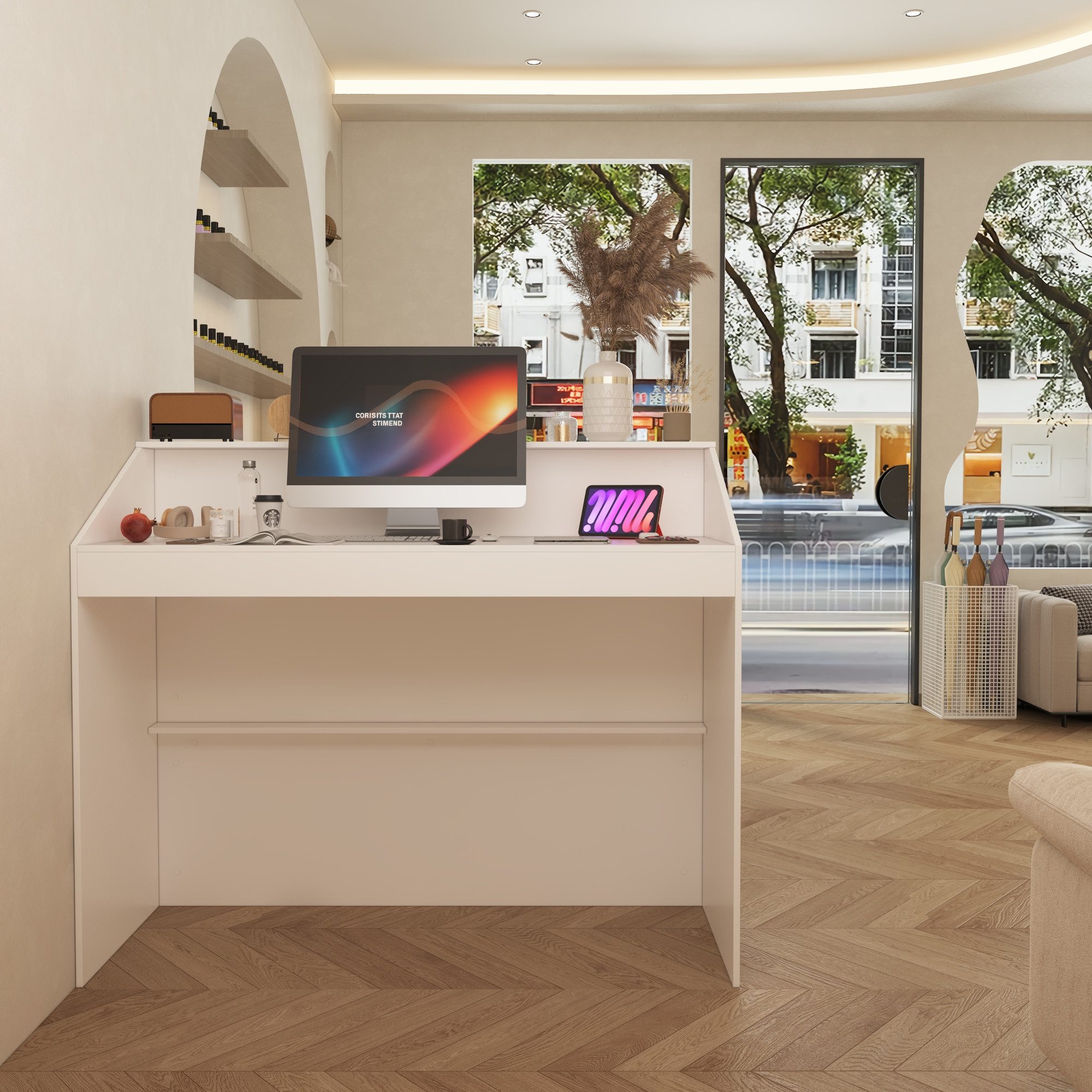 FUFU&GAGA Empfangstheke Empfangstheke mit Streifendekor, Weiß, MDF, 120×50× günstig online kaufen