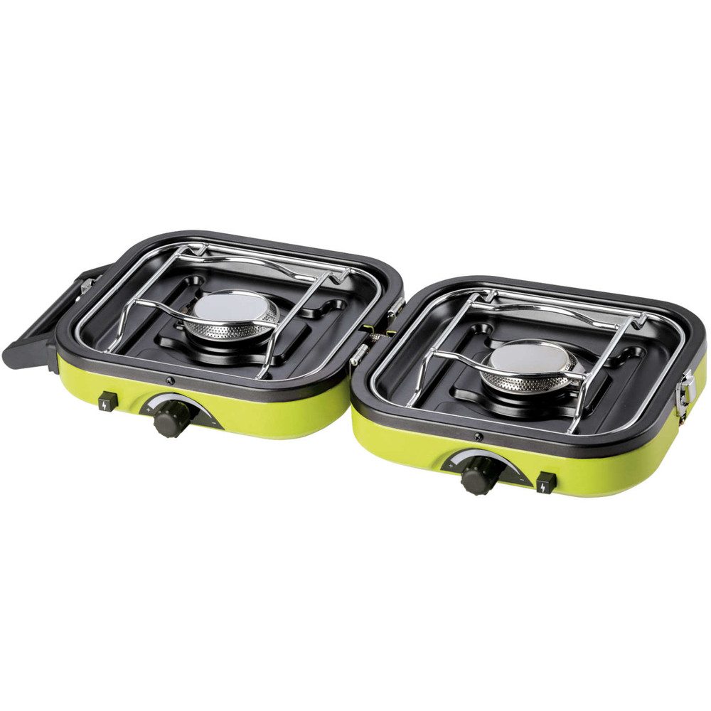 PrimeVal Gaskocher Doppelbrenner Campingkocher Grillkocher, (Spar-Set, 1-St., 51 x 22 x 10 cm klappbar), Klappbar, Piezozündung, 2 Brenner, Grillplatte – Bild 4 von 5