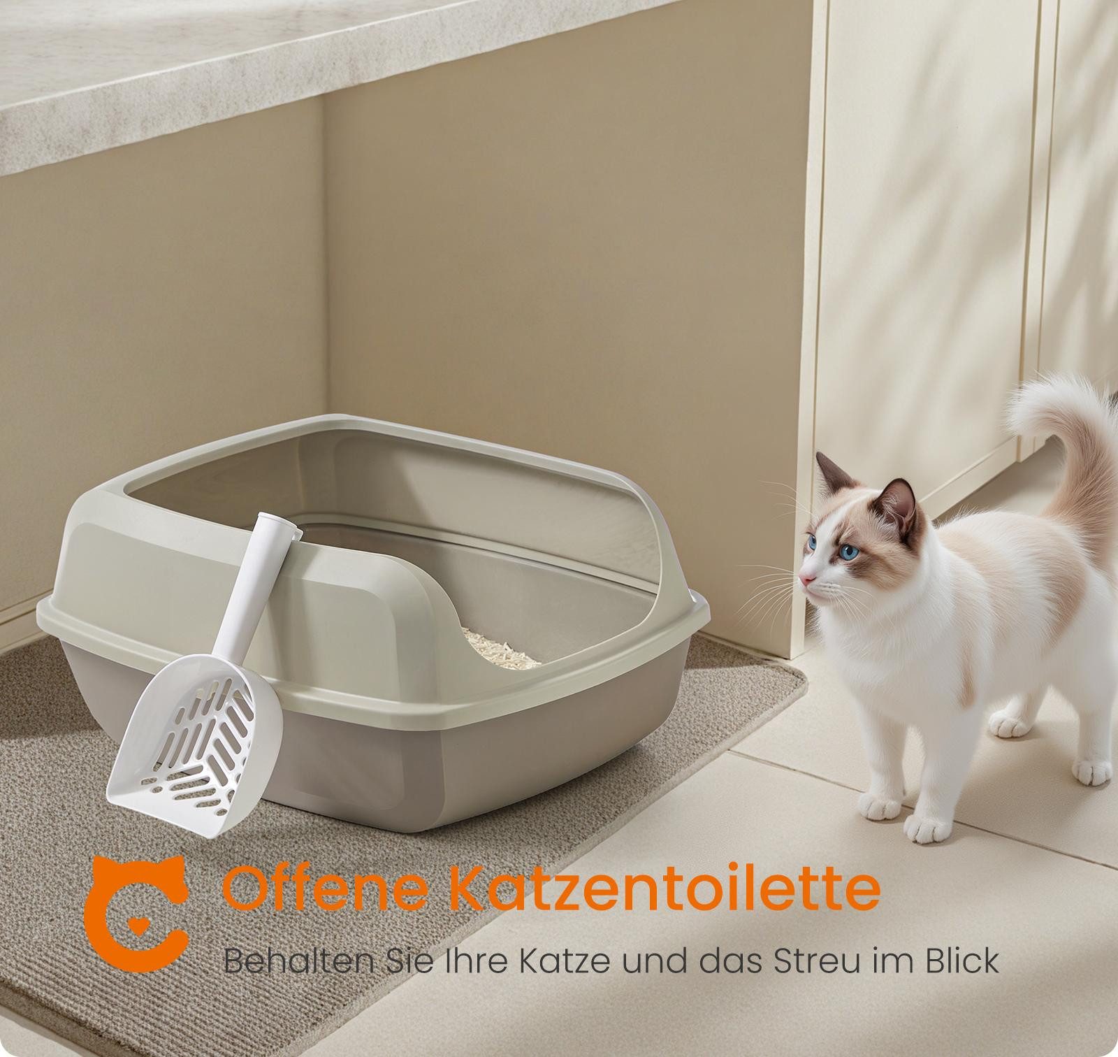 FEANDREA Katzentoilette Katzenklo, offene Katzentoilette, für Kätzchen und große Katzen, mit hohen Seitenwänden, XXL, mit Schaufel, 56 x 42 x 23,5 cm