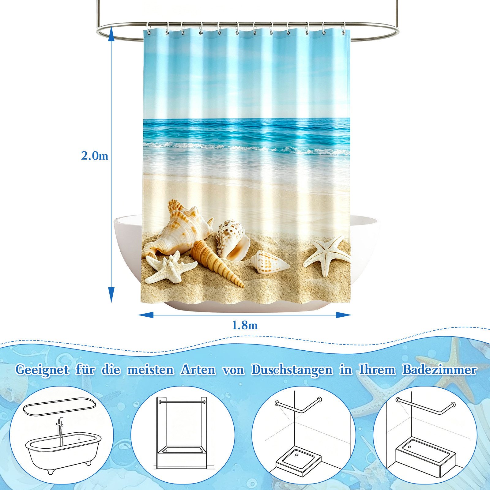 M&W DAS DESIGN Duschvorhang Shower curtains Anti schimmel Waschbar 180x200cm