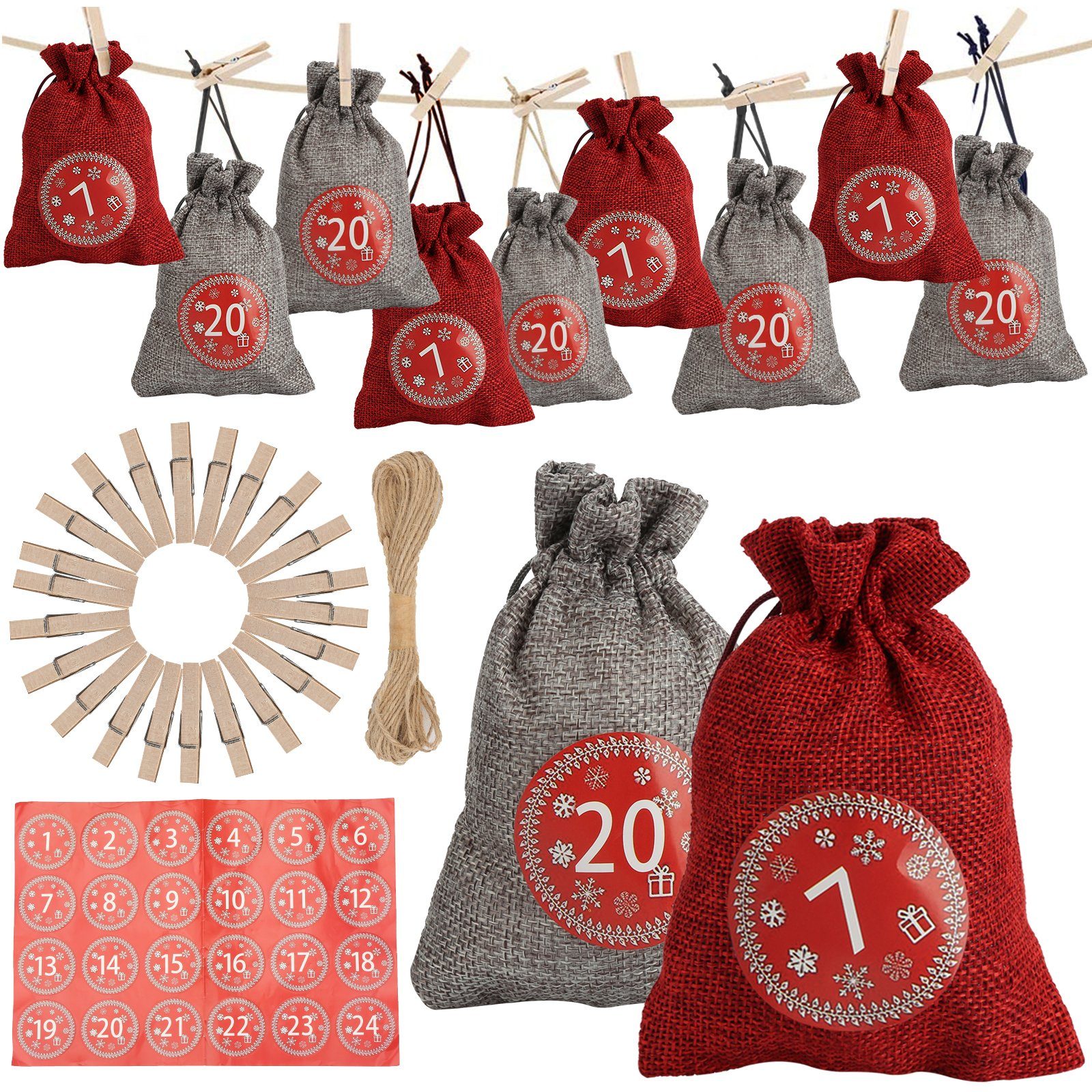 Geschenksäckchen Adventskarte mit Adventskalender Aufkleber Stoffsäckchen Filz Gimisgu Rot/Grau