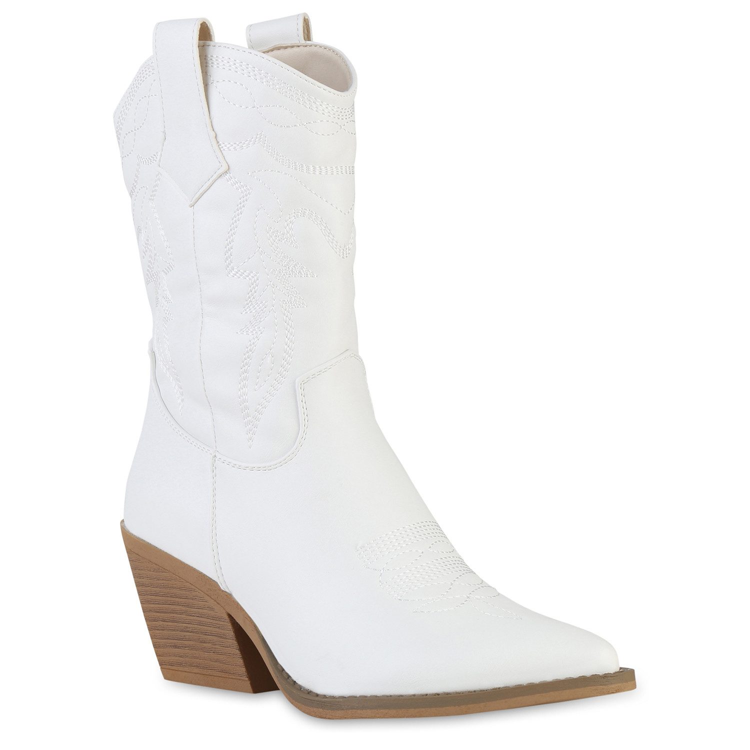 VAN HILL 841116 Cowboystiefel Damen Cowboystiefel Stiefel Spitz Zierperlen Holzoptikabsatz Schuh