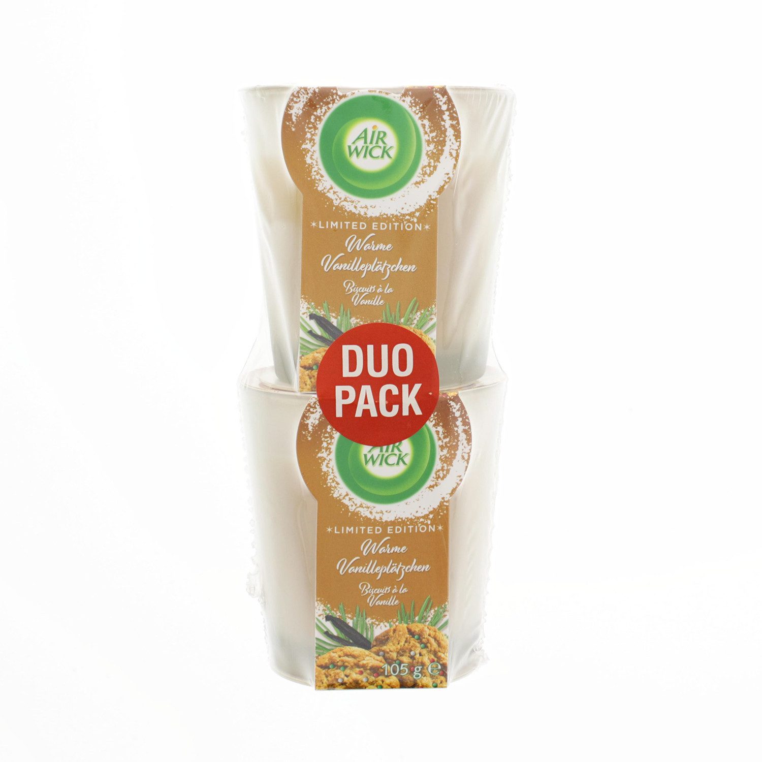 Air Wick Duftkerze Air Wick Wohlfühl Duftkerze Warme Vanilleplätzchen DUO 2 x 105g im Gla