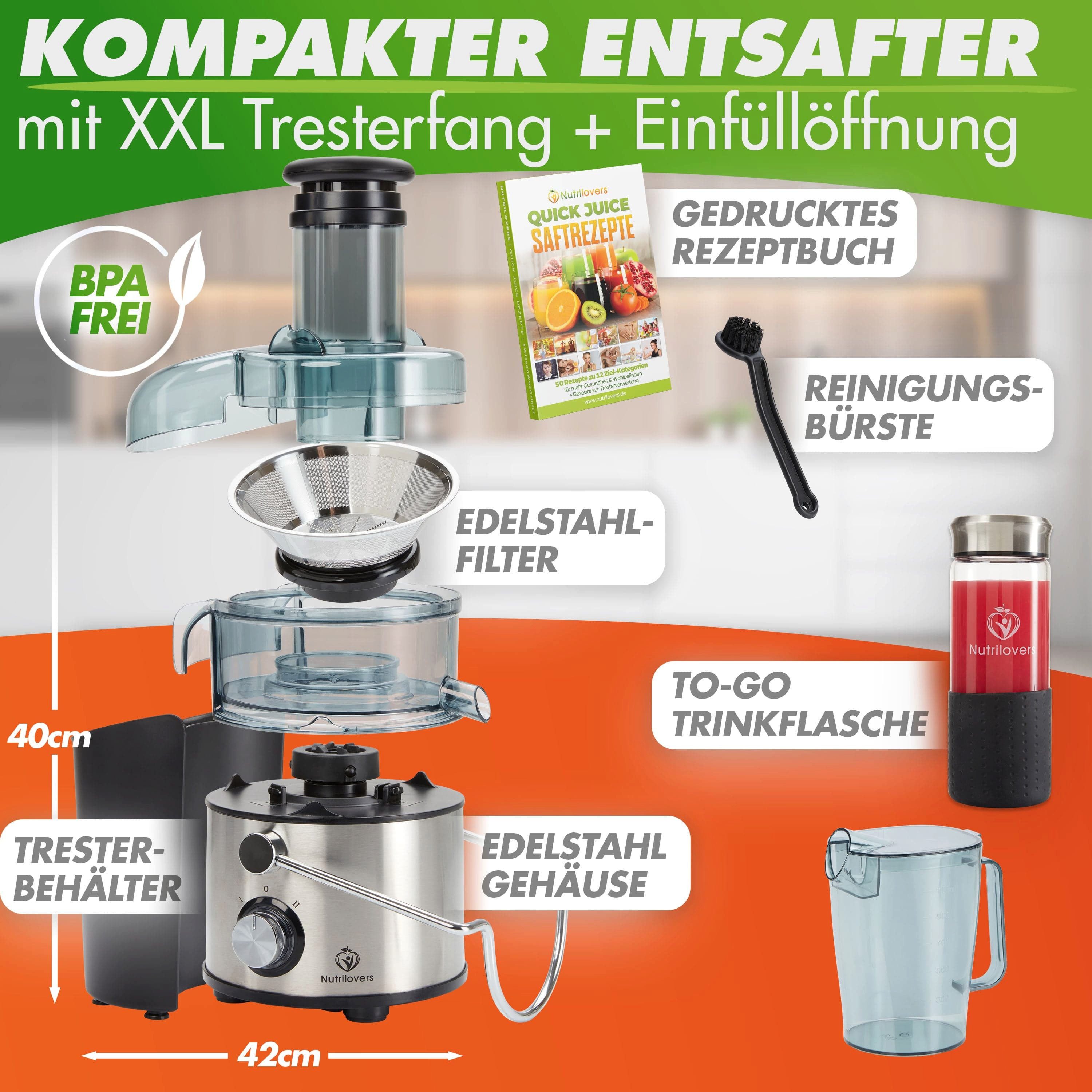 Nutrilovers Zentrifugenentsafter Entsafter - XXL Einfüllöffnung - Gesunde Säfte - Edelstahl, 800 W