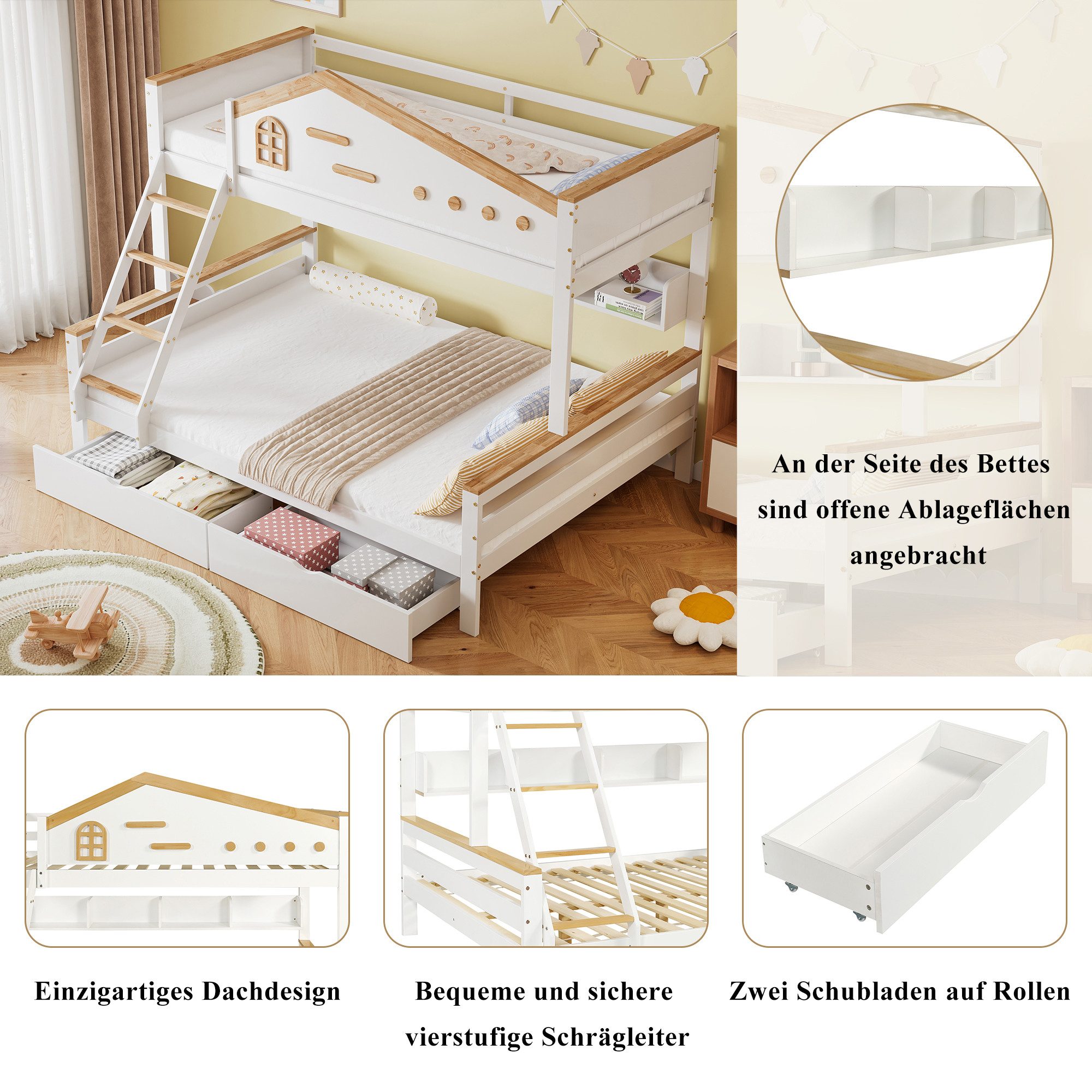 MODFU Etagenbett mit Fenster, Fallschutzgitter, 2 Schubladen & Offenes Regal (Kinderbett, 4-stufige Schrägleiter, Weiß+Natur, Kiefer+MDF, Gästebett 90x200cm & 140x200cm), ohne Matratze