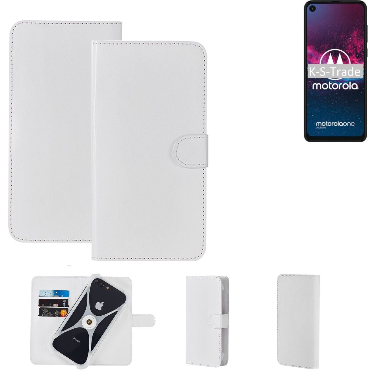 K-S-Trade Handyhülle für Motorola one action, Handy Hülle Schutz Hülle Cover Case Bookstyle Bumper weiß 1x