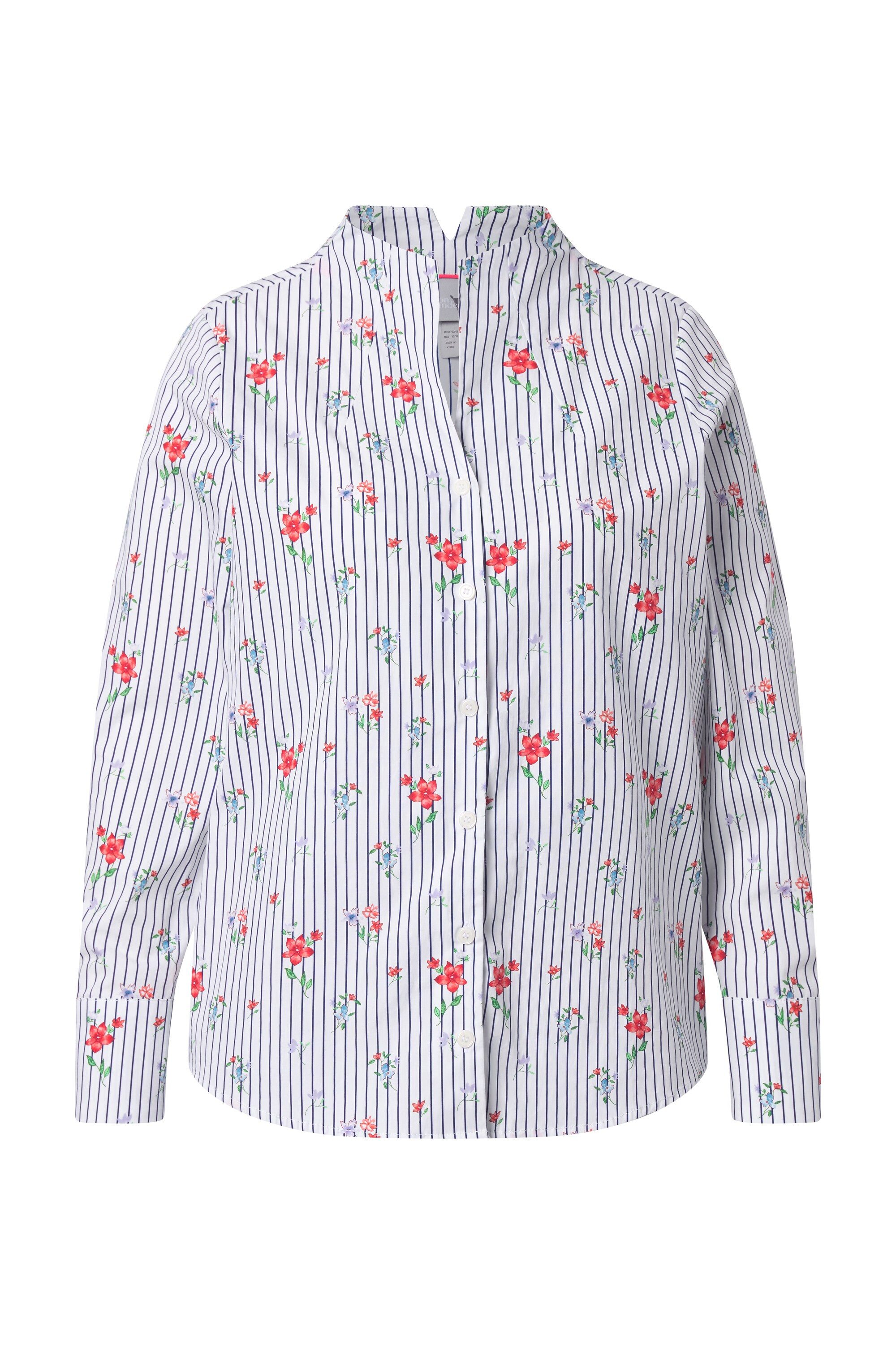 Ulla Popken Longbluse Bluse Streifen Kelchkragen V-Ausschnitt Langarm