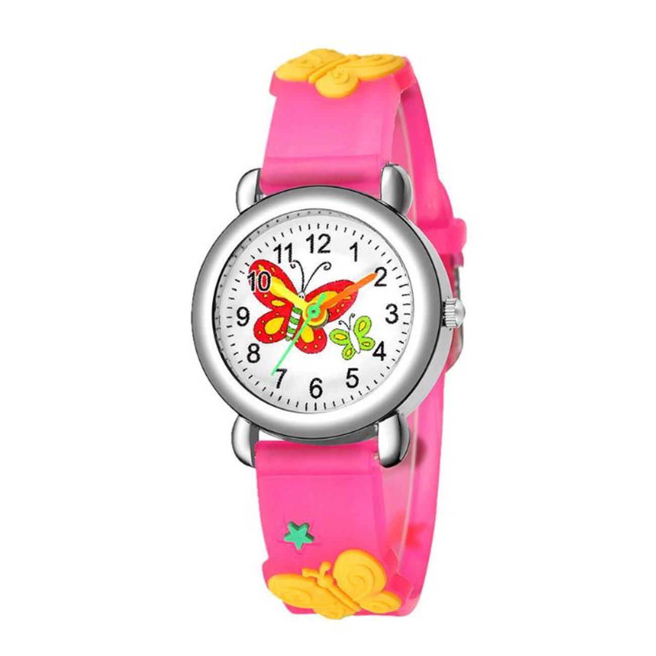 Quarzuhr Kinderuhr Mädchen Pink Schmetterling Analoge Armbanduhr Silikon