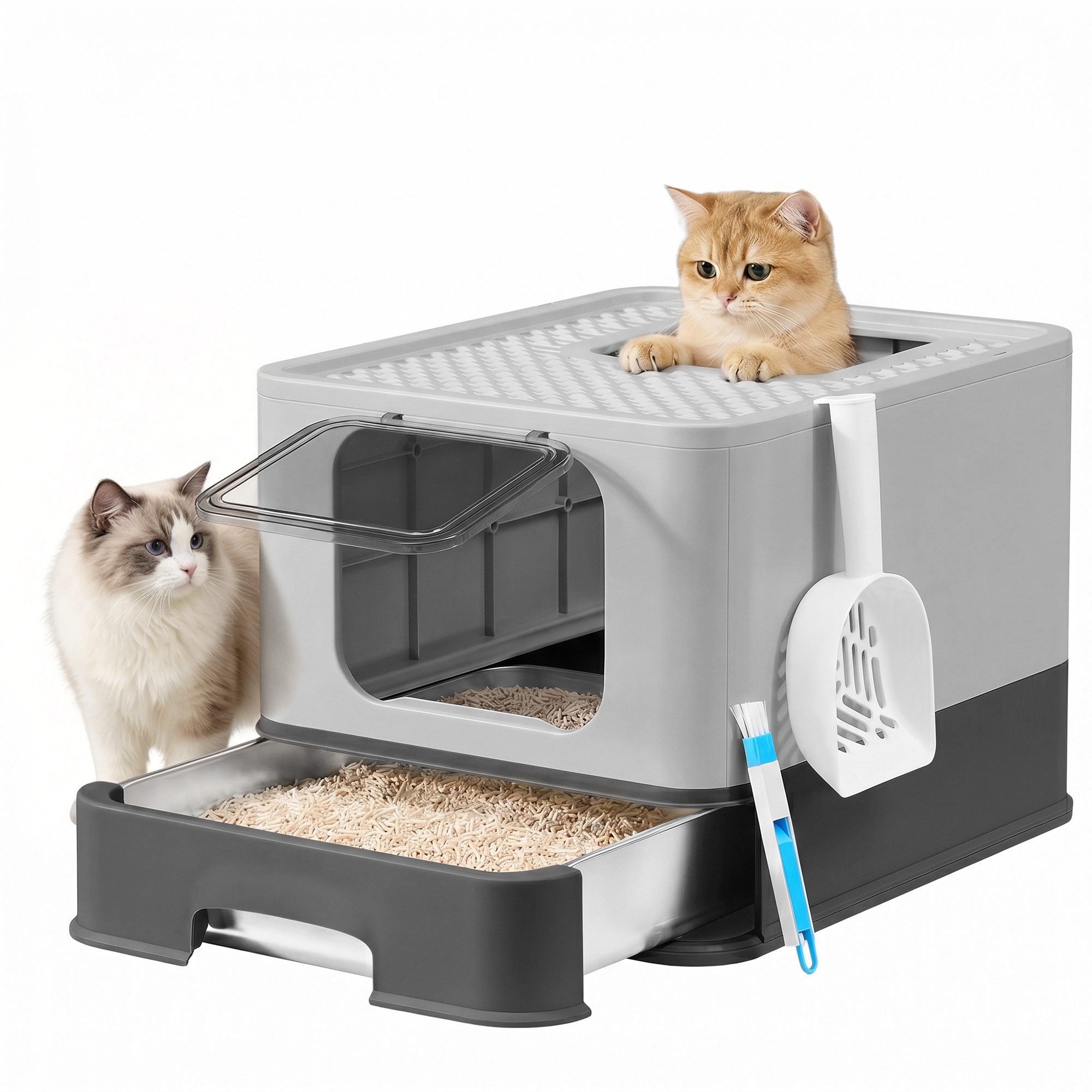 FEANDREA Katzentoilette Katzenklo Edelstahl, für Katzen bis 15 kg, mit Schublade, Schaufel, Bürste, 2 Eingänge