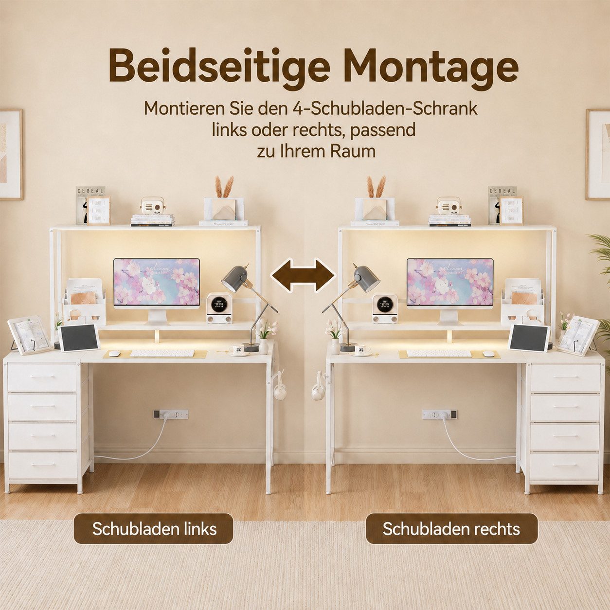 Yorbay Eckschreibtisch L-Form 140 cm mit 4 Schubladen & Steckdose, Computertisch mit USB, LED, Regal – für Gaming & Home Office – Bild 3 von 5