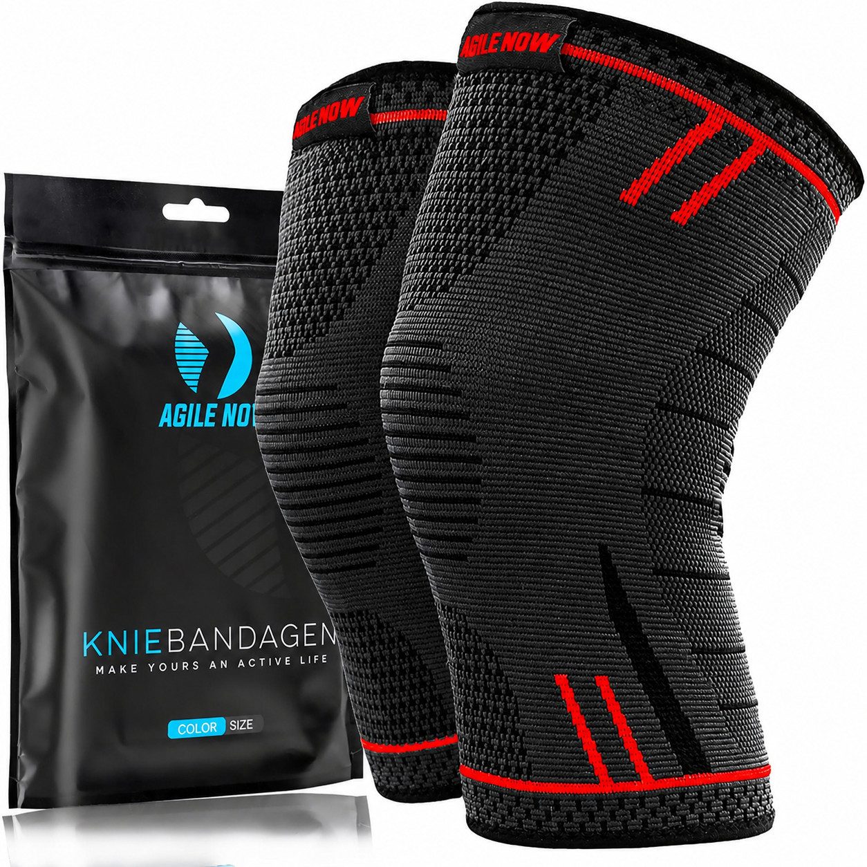 AGILE NOW Kniebandage Hochwertige Kniebandage Herren & Damen (Paar) (Elastische Kniestütze für Sport & Fitness, Knie Bandage Paar, Rot L), Atmungsaktiv & Rutschfest, Kniebandagen (Paar)