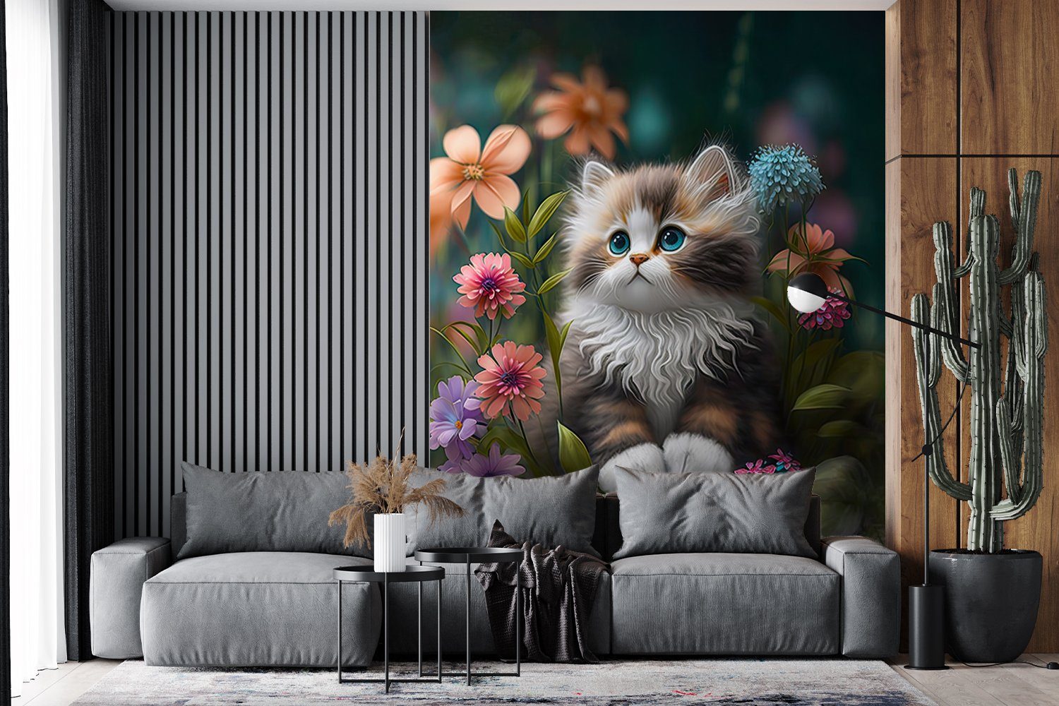 MuchoWow Illustration - - Tapete - bedruckt, Katze, Kätzchen Wohnzimmer, St), Natur Montagefertig (4 Fototapete Blumen Wandtapete Vinyl - Matt, für