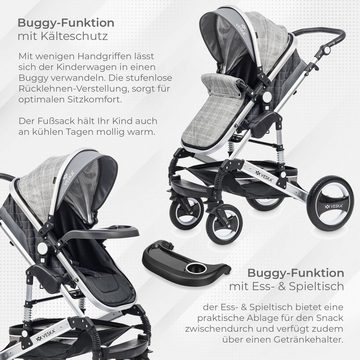 VESKA Kombi-Kinderwagen 3in1 inkl. Babyschale, Buggy, Jogger, mit Wickeltasche, Ess&Spieltisch, Moskitonetz, Regencover, Autoschale Fußsack, Aluminiumrahmen