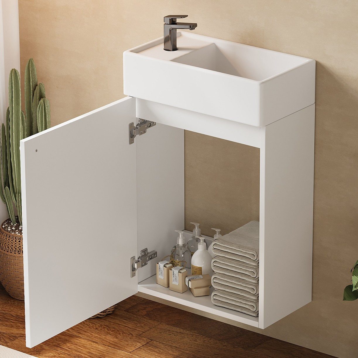 MODFU Waschtisch für kleine Bäder (mit strukturierter Front, langlebiger Konstruktion und moderner Stauraumlösung, 1-St., 41*23*62.5cm)
