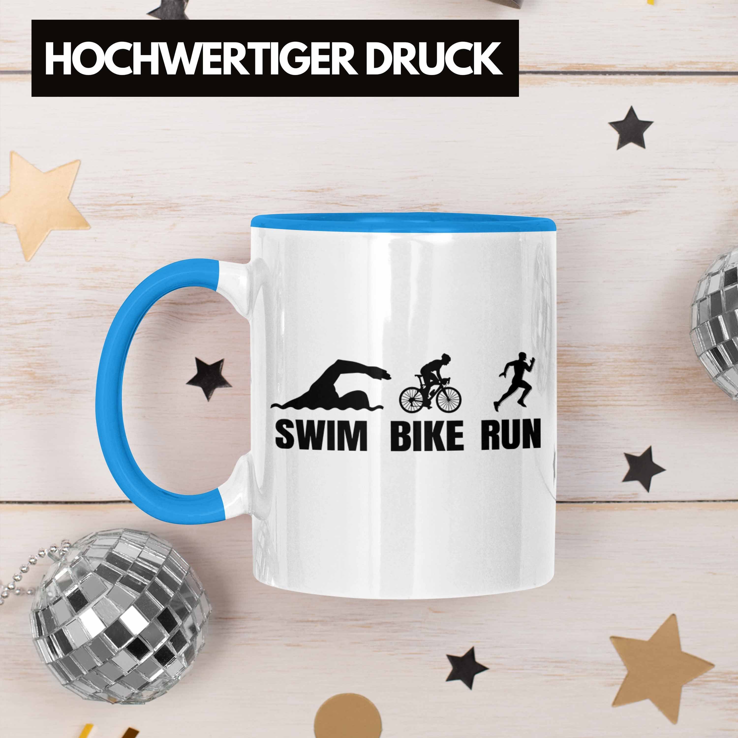 Swim Geschenk Blau Tasse Sportl Bike Spruch Geschenkidee Trendation Triathlon Tasse für Run