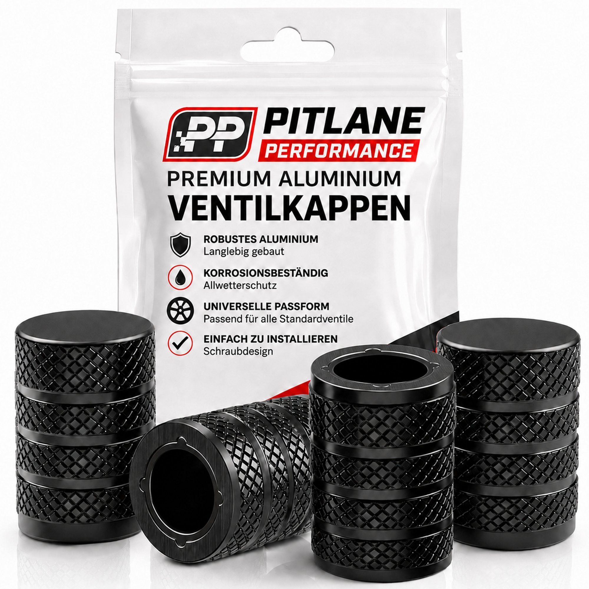 Pitlane Performance Ventilkappe Alu-Ventilkappen für Schrader-Ventile, (Ventilkappen-Set, 4-St., 4 Stück aus Aluminium), Korrosionsschutz und innenliegende Dichtung
