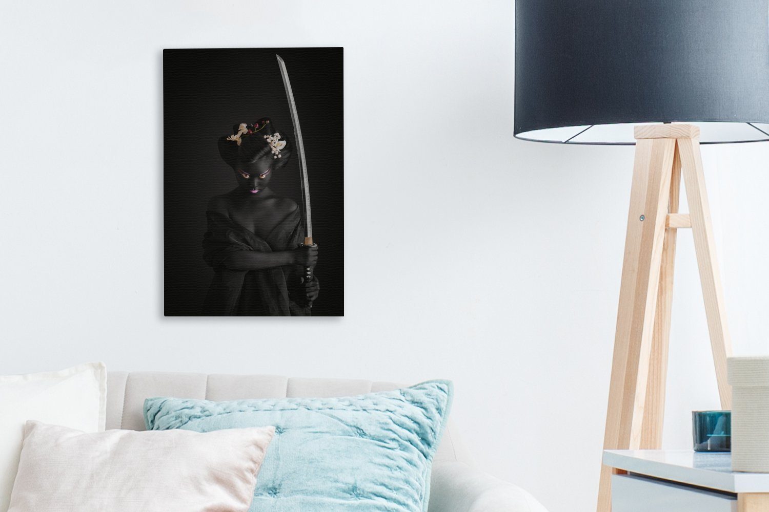 Samurai cm Leinwandbild bespannt Hintergrund, Japanischer fertig Gemälde, (1 Zackenaufhänger, Leinwandbild vor St), schwarzem 20x30 OneMillionCanvasses® inkl.