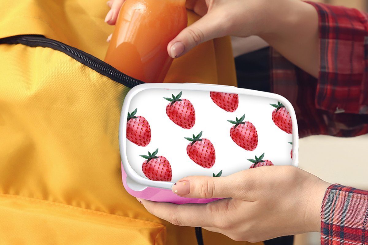 MuchoWow Lunchbox Erdbeere - Muster - Kunststoff Aquarell, rosa Kinder, Brotbox (2-tlg), für Mädchen, Snackbox, Brotdose Erwachsene, Kunststoff