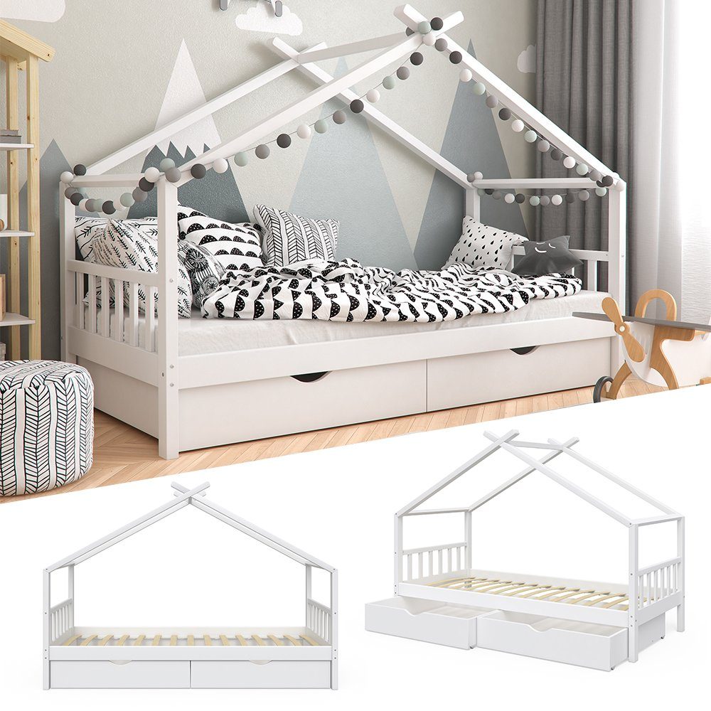 VitaliSpa® Hausbett Design, Weiß, 90x200 cm mit 2 Schubladen (1-tlg)