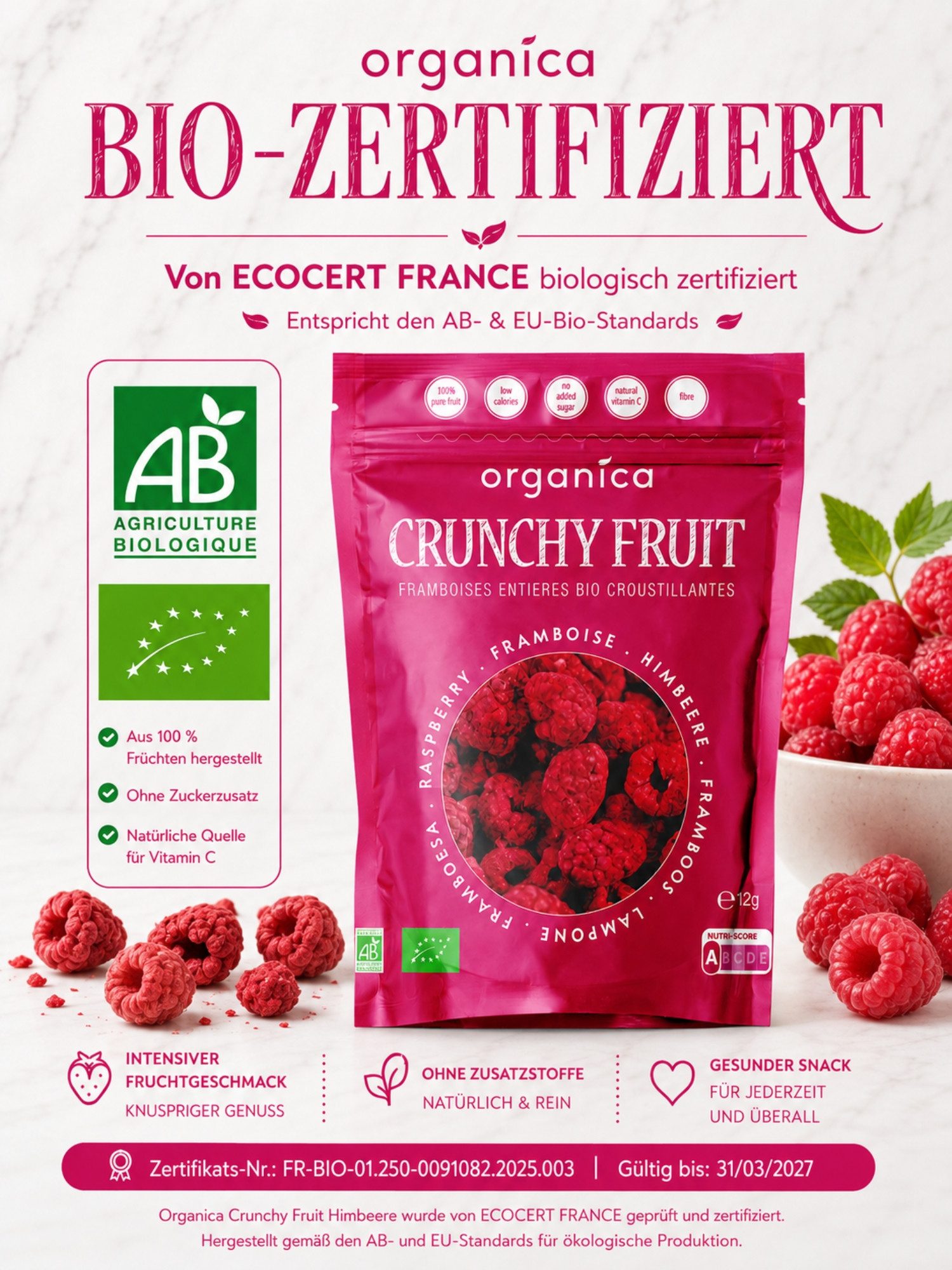 Organica Trockenfrüchte Gefriergetrocknete Bio-Himbeeren, knuspriger Fruchtsnack, 1 x 12 g, Bio-zertifiziert, 100 % Frucht, Ohne Zuckerzusatz, Nutri-Score A