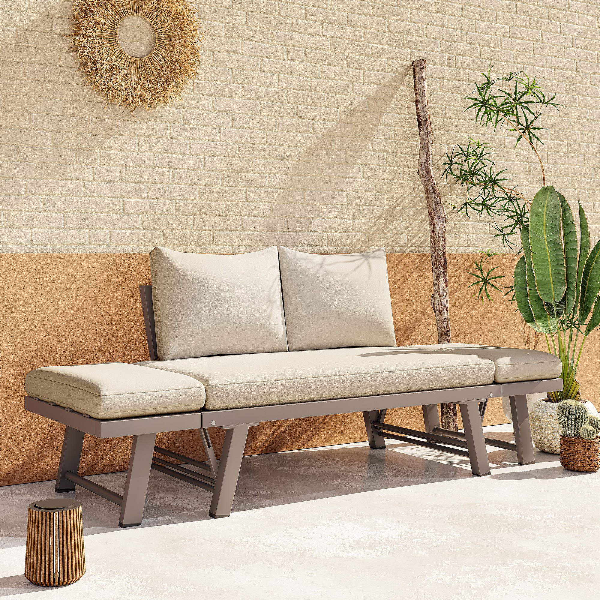 MODFU Gartenlounge-Set Sonnenliege mit Auflagen & klappbaren Armlehnen, (Set, 1-tlg., Gartencouch für Terrasse, Balkon & Garten), Outdoorsofa 2-Sitzer in Beige mit Liegefunktion