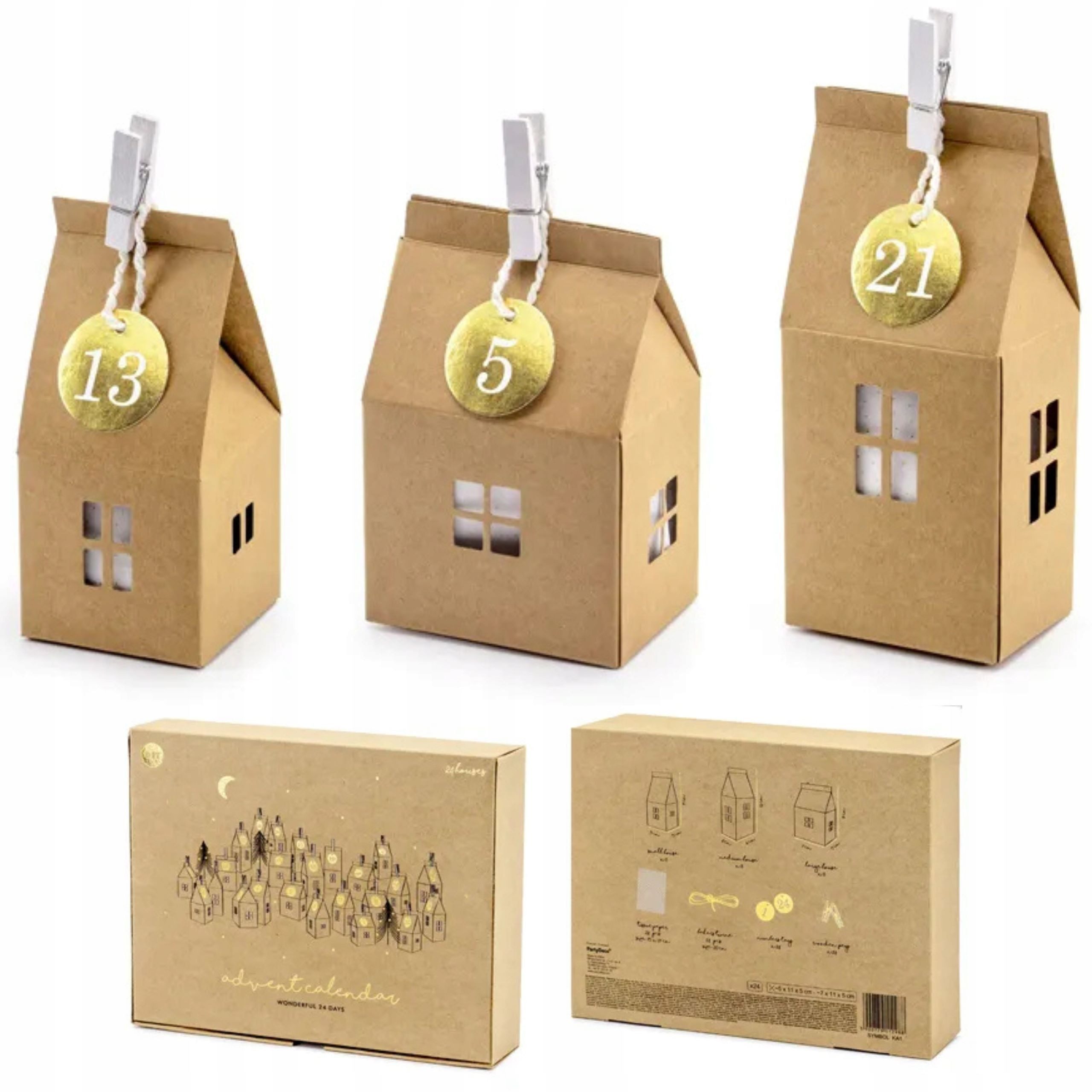 partydeco Adventskalender Adventskalender DIY Set 24 Papierhäuser Kraft, Holzklammern