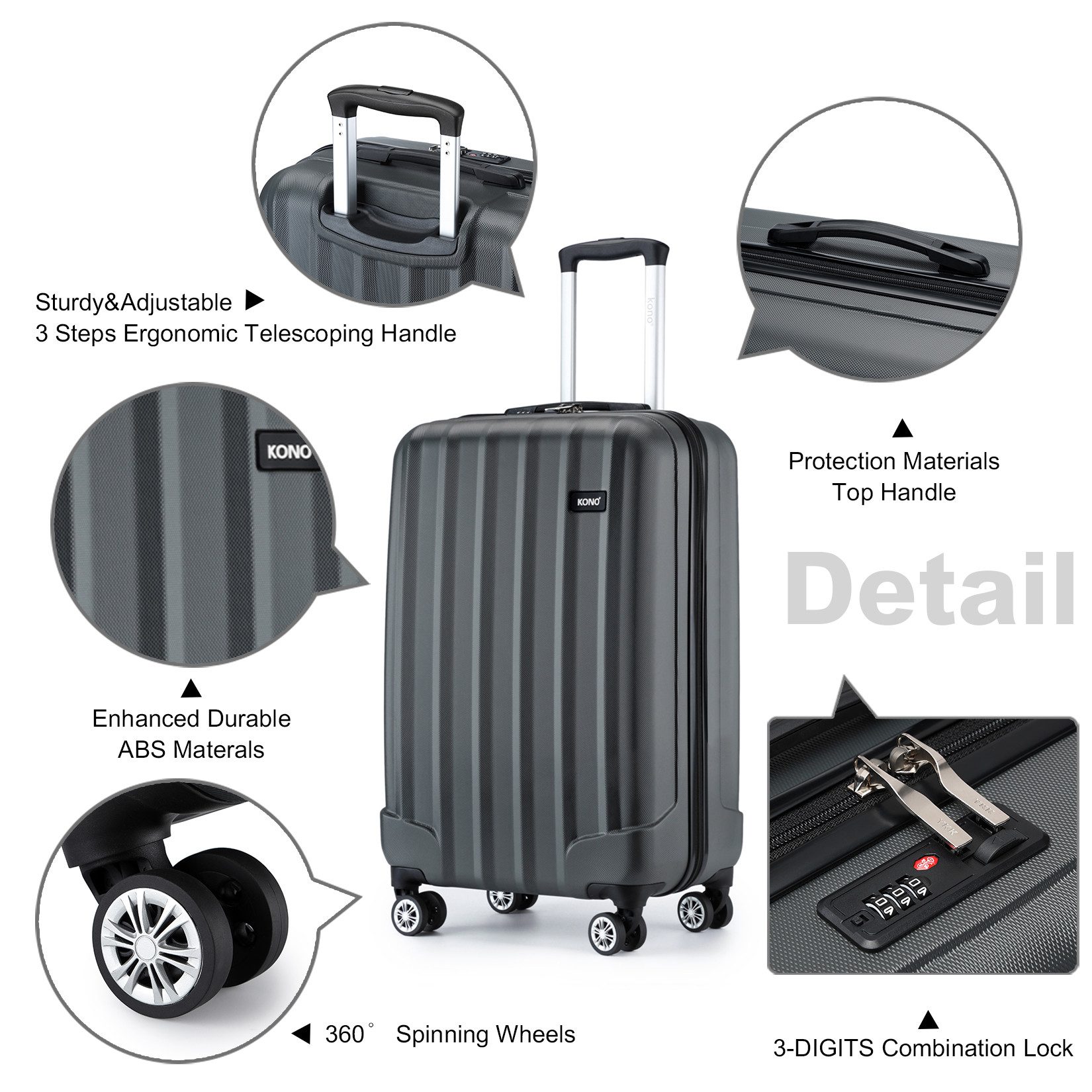 KONO Hartschalen-Trolley Hartschalen Trolley Koffer mit 4 Rollen und Zahlenschloss –Reisekoffer
