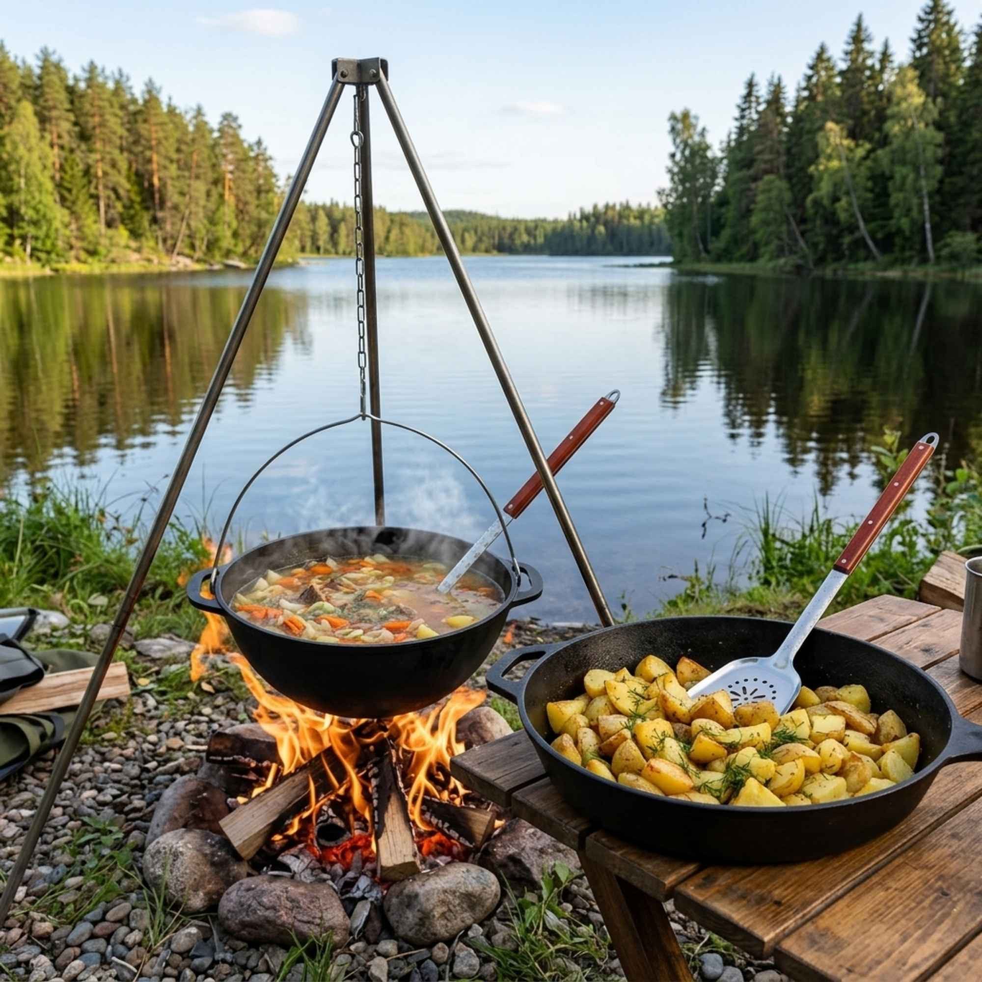 BIG-PAN Kochbesteck-Set 3er-Set XXL 60 cm Schöpflöffel Suppenkelle Schaumkelle Edelstahl (Edelstahl Holzgriff, 3-tlg., Lange Küchenhelfer Set für Wok Kazan Suppentopf Grill Gastro Küche), Rostfrei Hitzebeständig Profi
