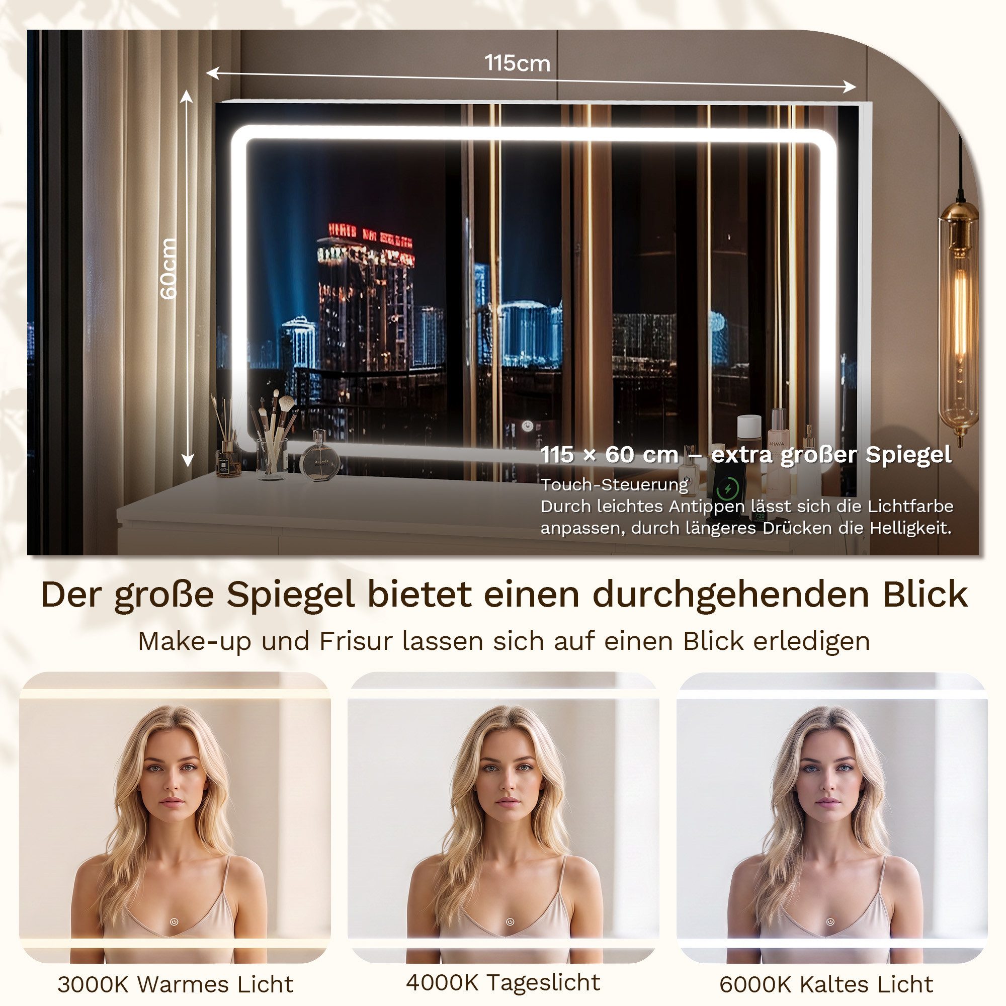 HOMALL Schminktisch 115 cm großer LED-Schminktisch mit einstellbarer Helligkeit (Maße: 115 × 40 × 139 cm, mit 7 Schubladen, 2 Steckdosen, 1 USB-Anschluss und 1  – Bild 5 von 5