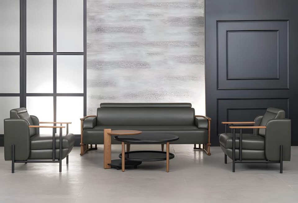 Xlmoebel Büromöbel-Set Schwarzes Designer Büromöbel-Set aus Leder für modernes Arbeitsumfeld, (5 tlg.BÜRO SET (3-SITZER SOFA+2 SESSEL+COUCHTISCH), Hergestellt in Europa