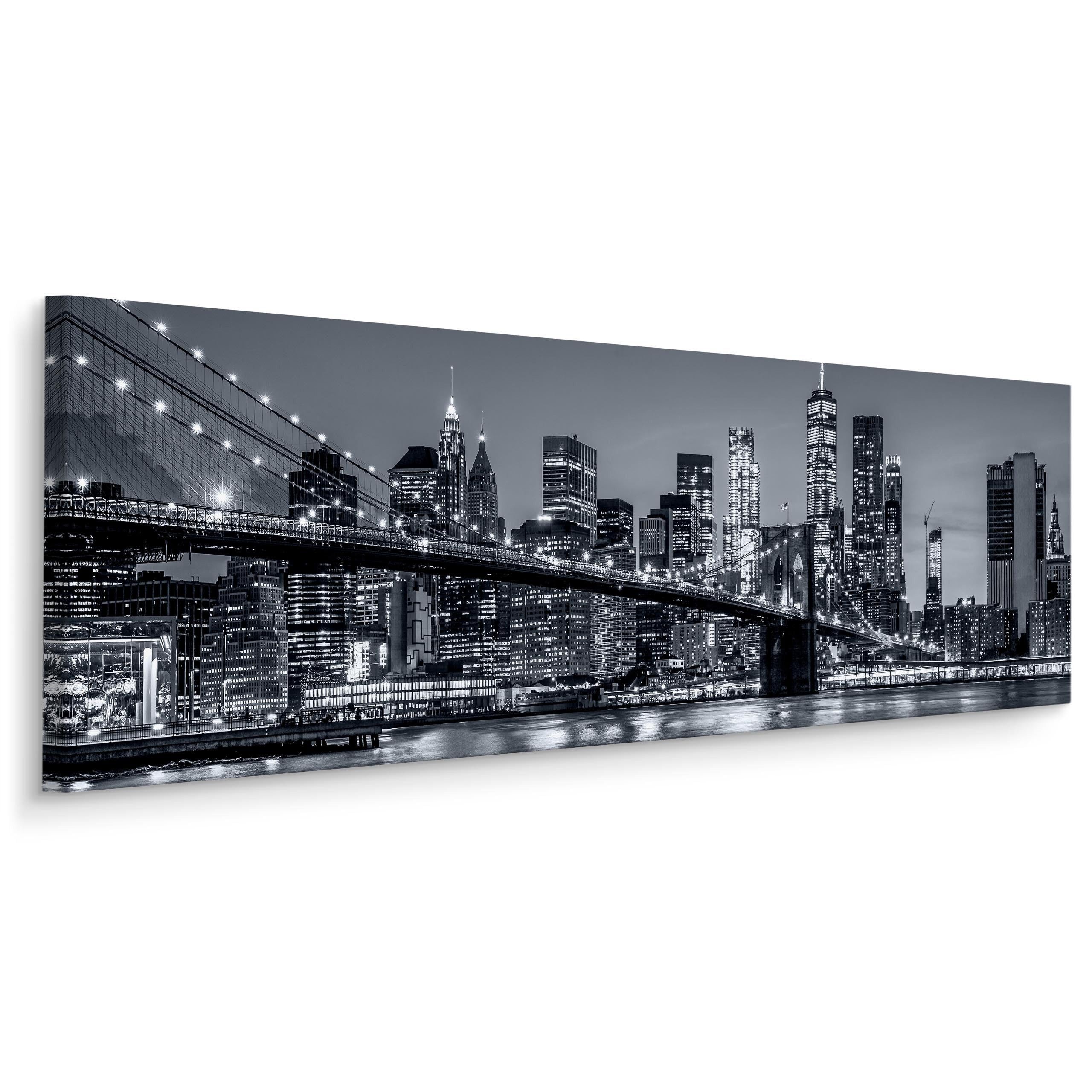 Muralo Leinwandbild Architektur – Leinwandbild Wandbild Kunstdruck Wohnzimmer, Gebäude (1 St), Panorama – New York – Nacht, 145 x 45 cm, aufhängefertig