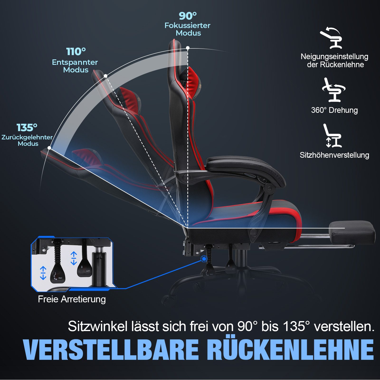 GTPLAYER Gaming-Stuhl Gaming Stuhl Chair Gamer Sessel - Ergonomischer Gamer Stuhl, mit Fußstütze Kopfstütze und Lordosenstütz 180kg – Bild 5 von 5