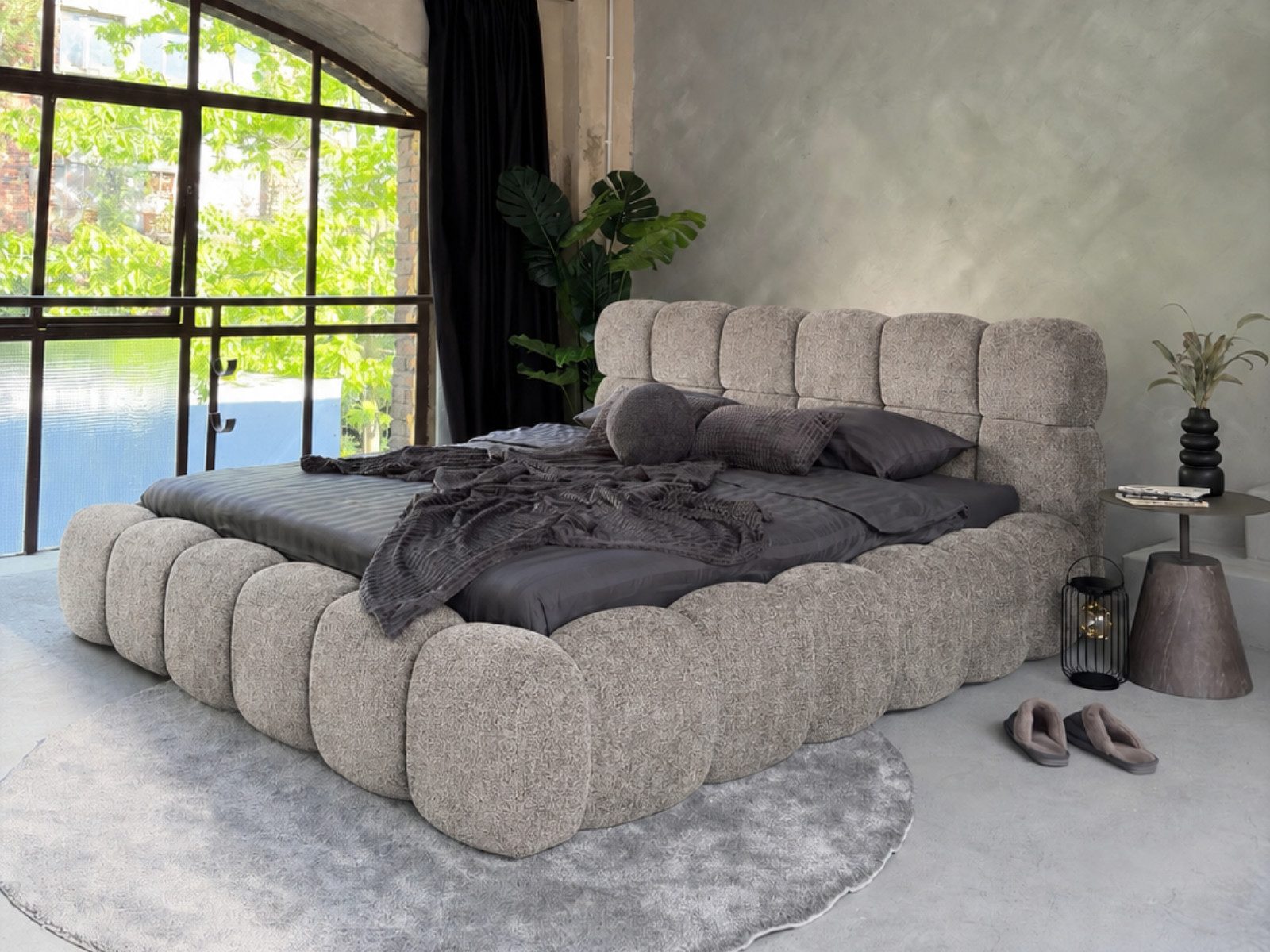 yourhouse24 Polsterbett Design-Bett im Cloud-Look – Chenille Lumo, Bubble-Optik & Japandi
