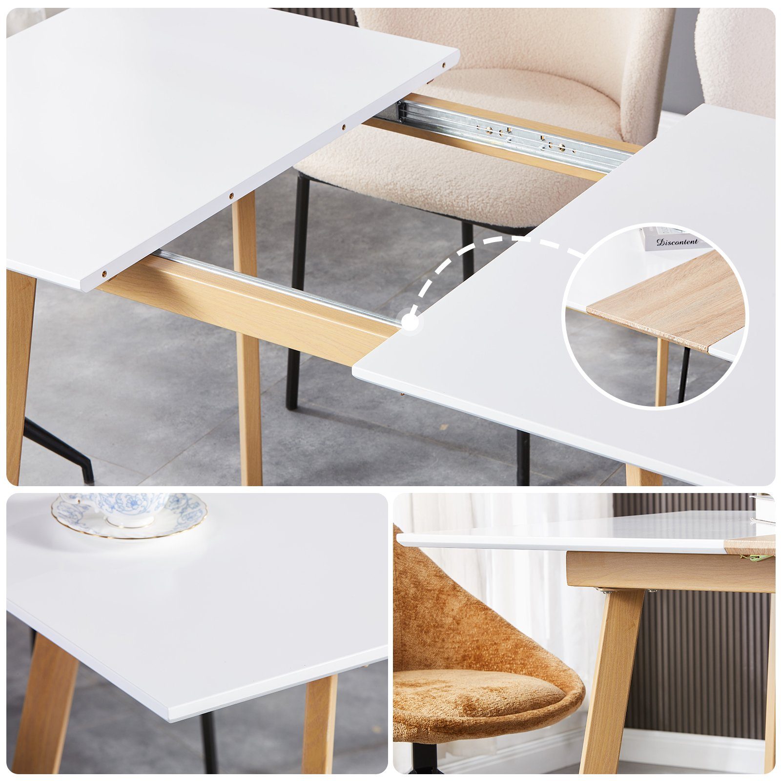 Ulife Esstisch Ausziehbarer Esstisch mattweiße mit Doppelnutzung Massivholzeinlagen und Büro Tischplatte (Stahlrahmen Heim 1-St), und Vierkantrohrbeine, für Weiß+Holzfarbe