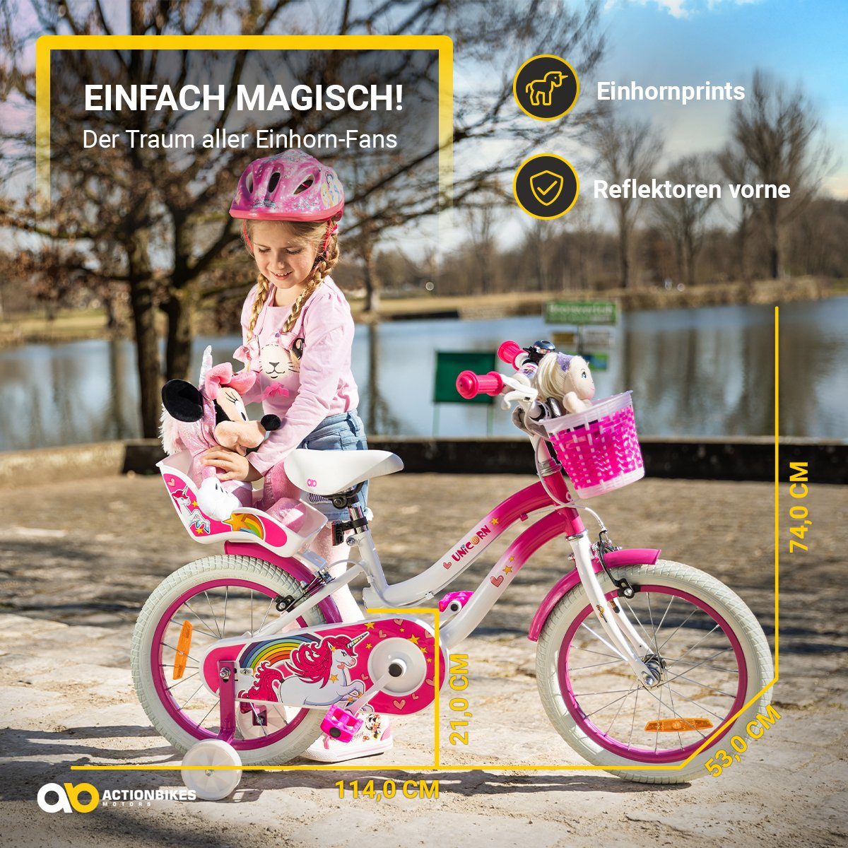 Actionbikes Motors Girls' Bicycle, Unicorn Design, Includes Doll Seat & Basket, 1-Speed, No Gears, (Unicorn Design, 16-inch, Suitable for children 105 cm and taller, 40 kg maximum load, Training Wheels, Bell, Reflectors, Non-Slip Grips, Handlebar Protector, V-Brake, Pneumatic Tires, Mudguards, Pink/White), Height-Adjustable Bike, Suitable for children 4 years and older