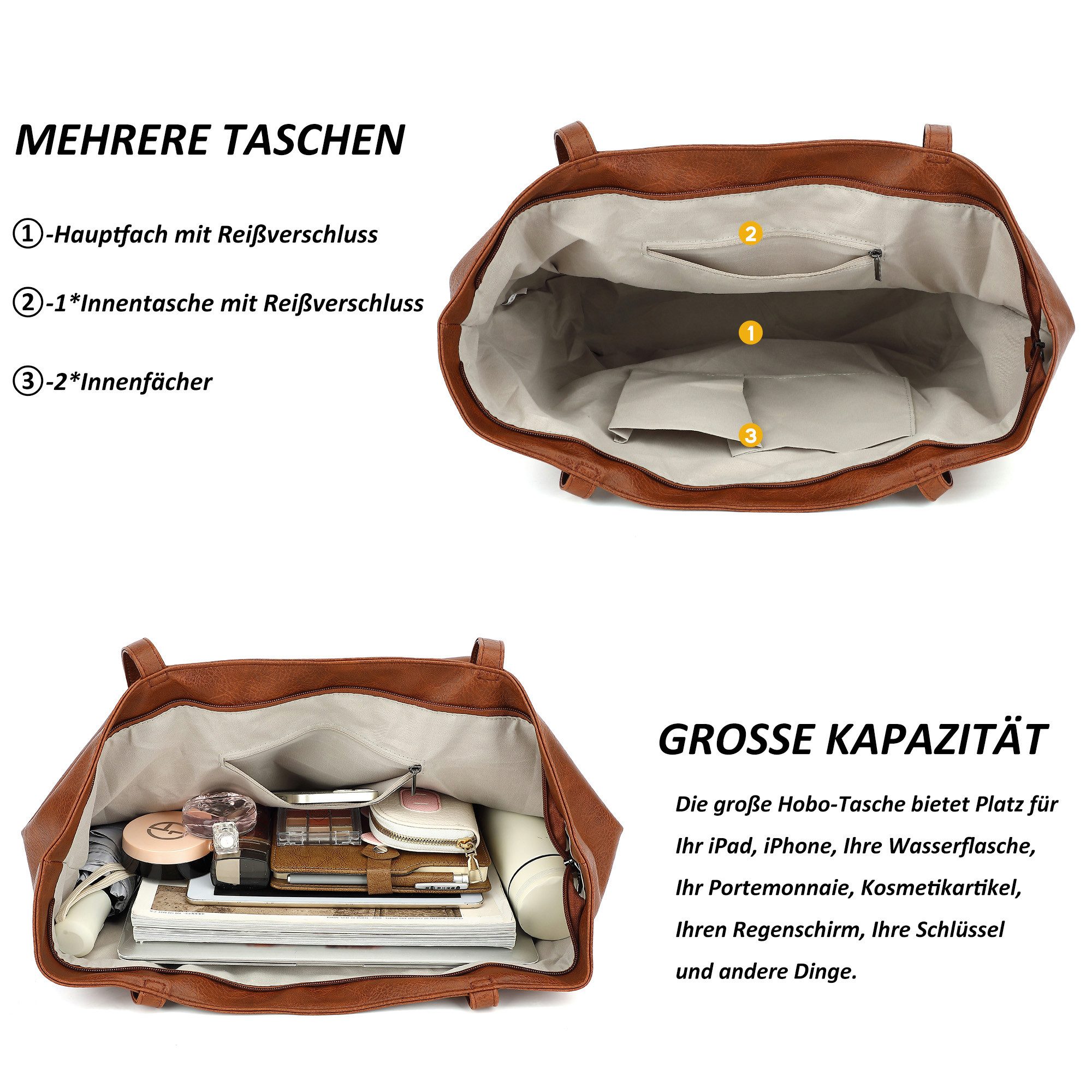 TAN.TOMI Schultertasche Umhängetasche Shopper Bag mit Reißverschluss, Mit Innentaschen, dekorative Anhänger für Arbeit Einkauf Reisen – Bild 4 von 5